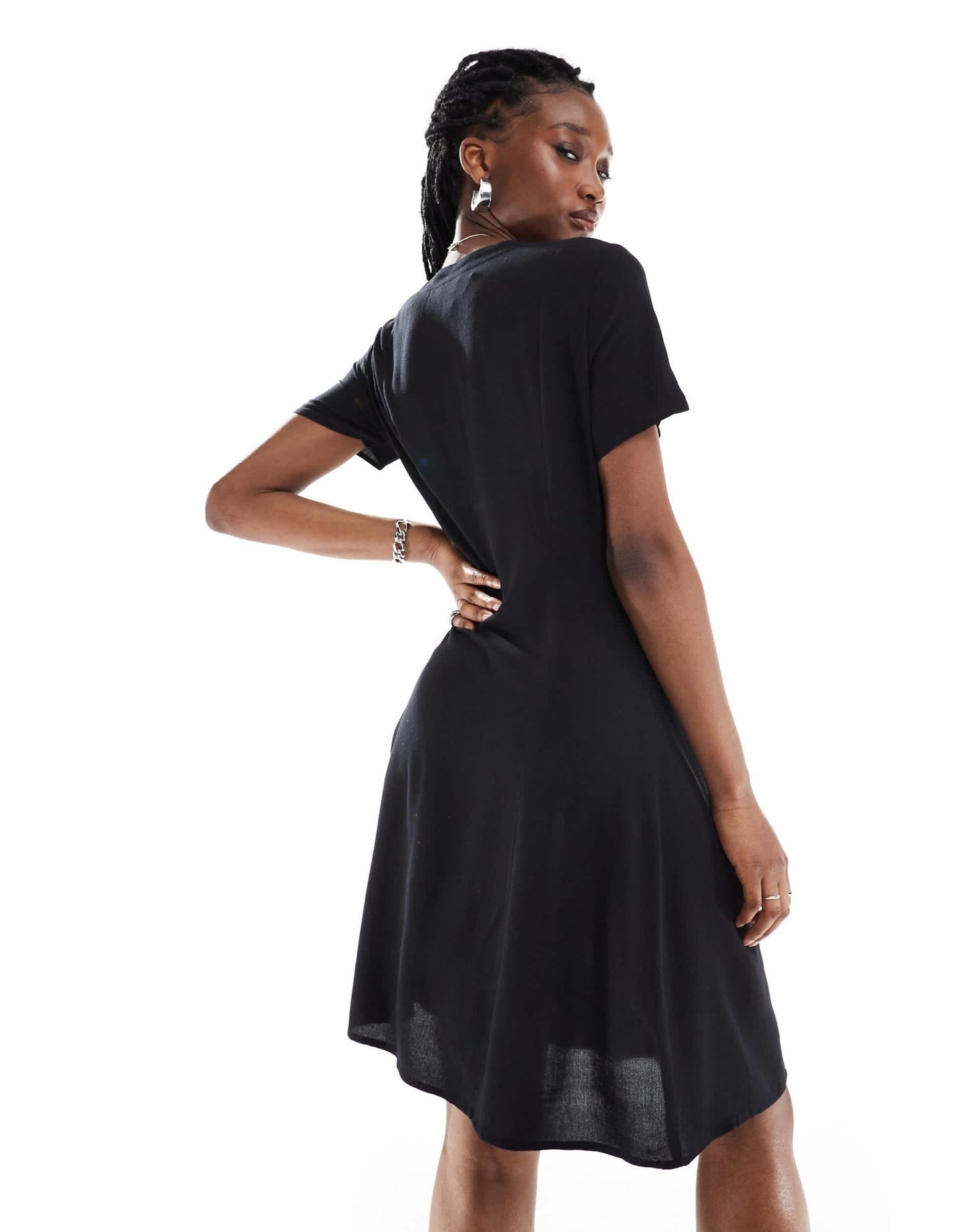 Monki button through mini dress with v neck in black - ASOS Sample Sale