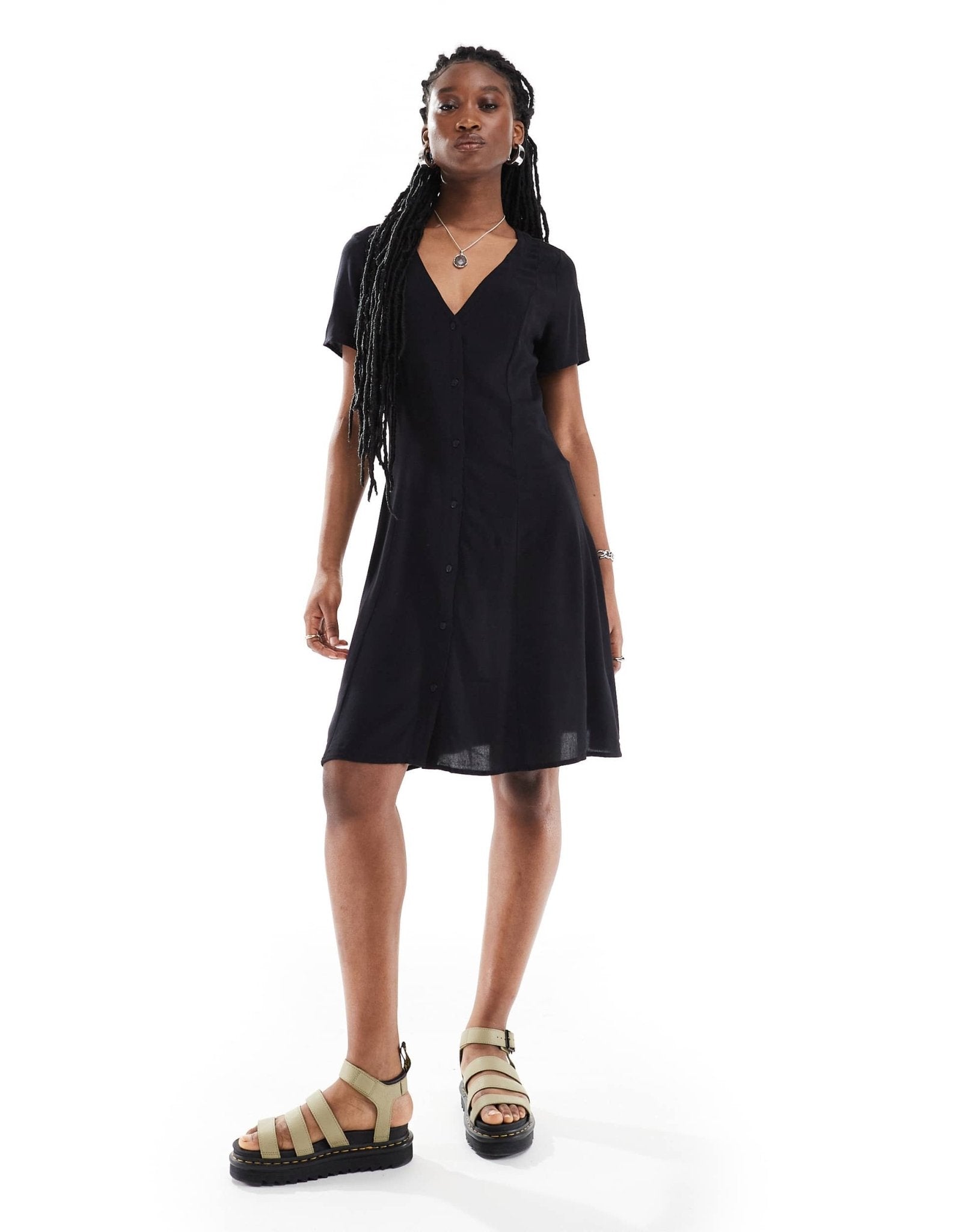 Monki button through mini dress with v neck in black - ASOS Sample Sale