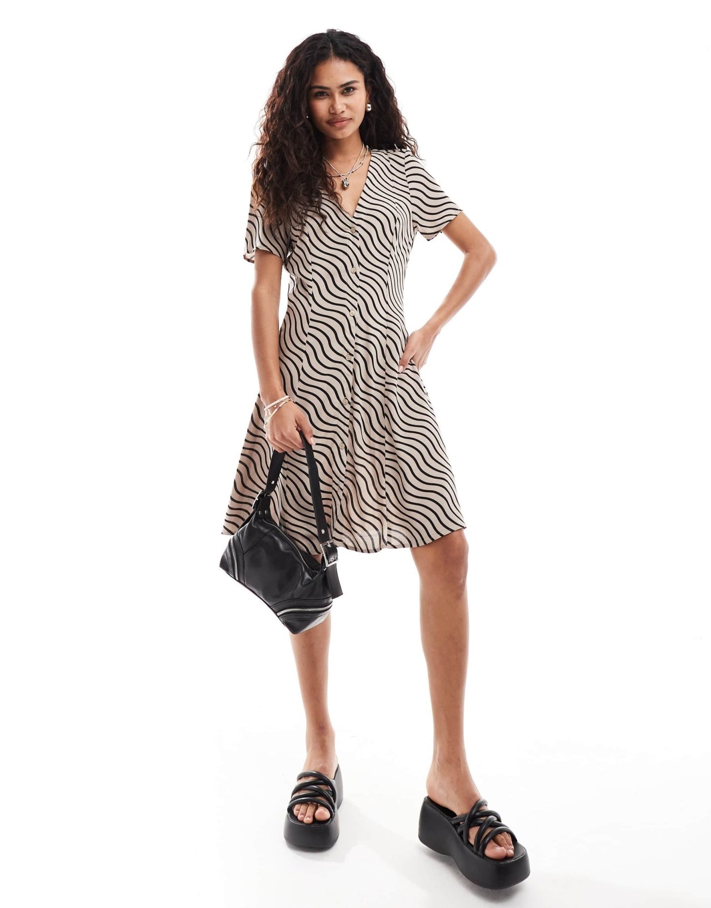 Monki button through mini dress with v neck in wave print - ASOS Sample Sale