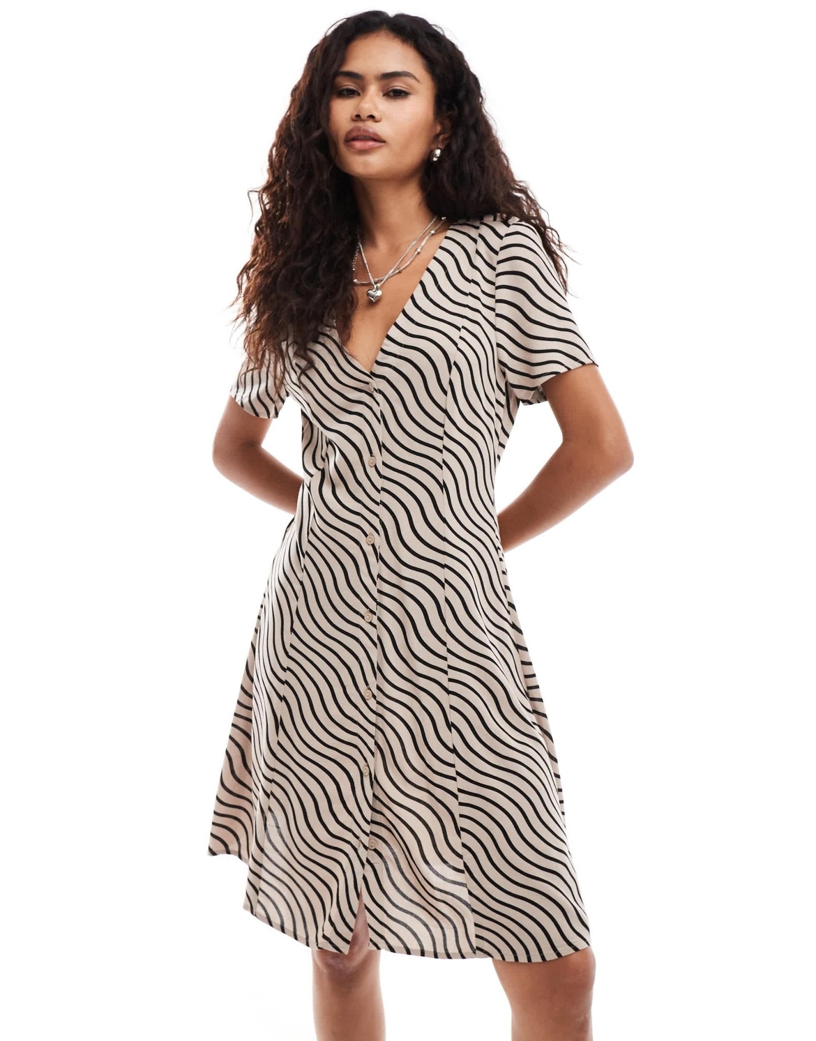 Monki button through mini dress with v neck in wave print - ASOS Sample Sale