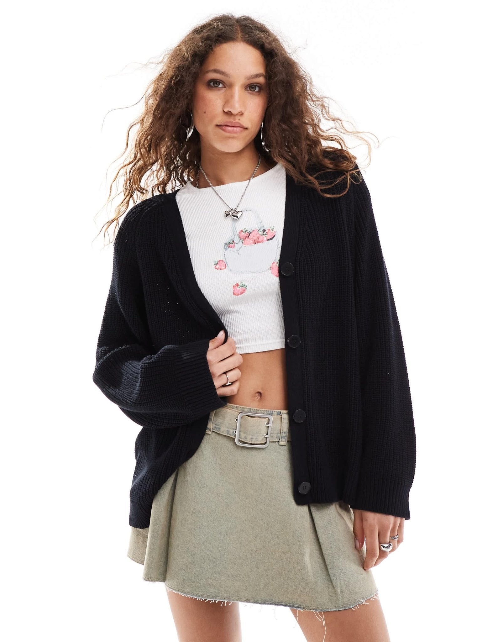 Monki cable knit boxy button front cardigan in black - ASOS Sample Sale