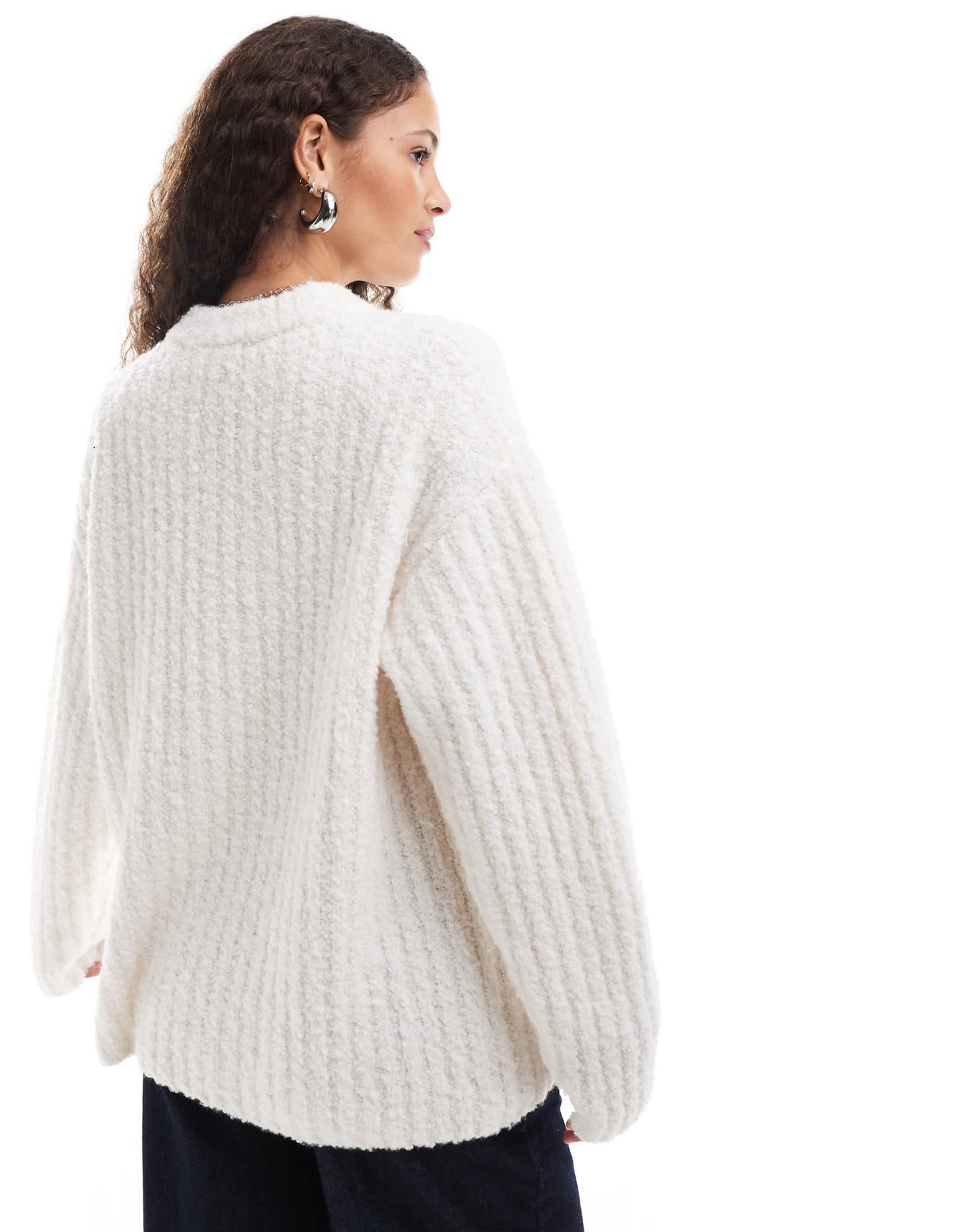 Monki chunky knit rib high neck cardigan with button front and front flap pockets in off white - ASOS Sample Sale