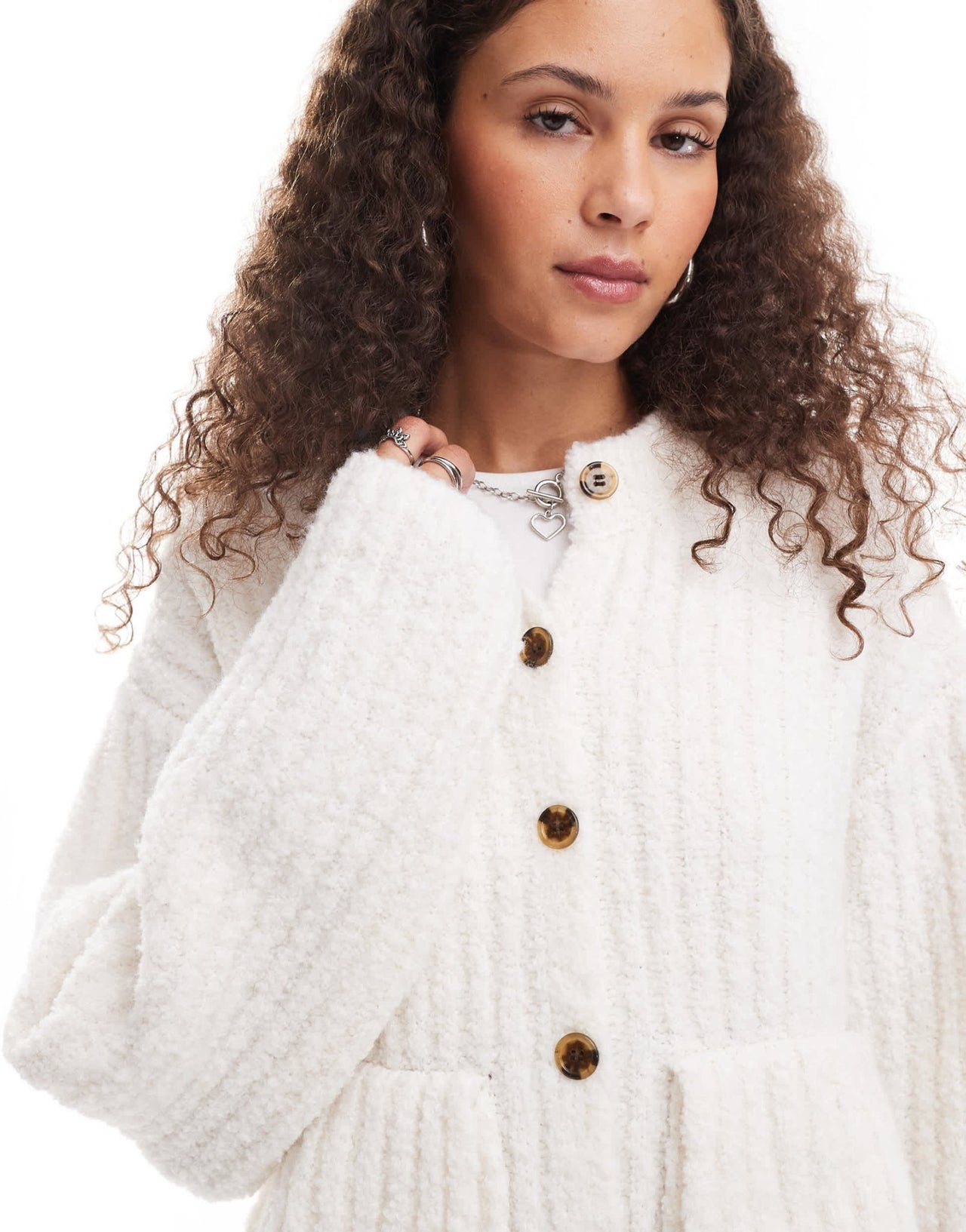 Monki chunky knit rib high neck cardigan with button front and front flap pockets in off white - ASOS Sample Sale