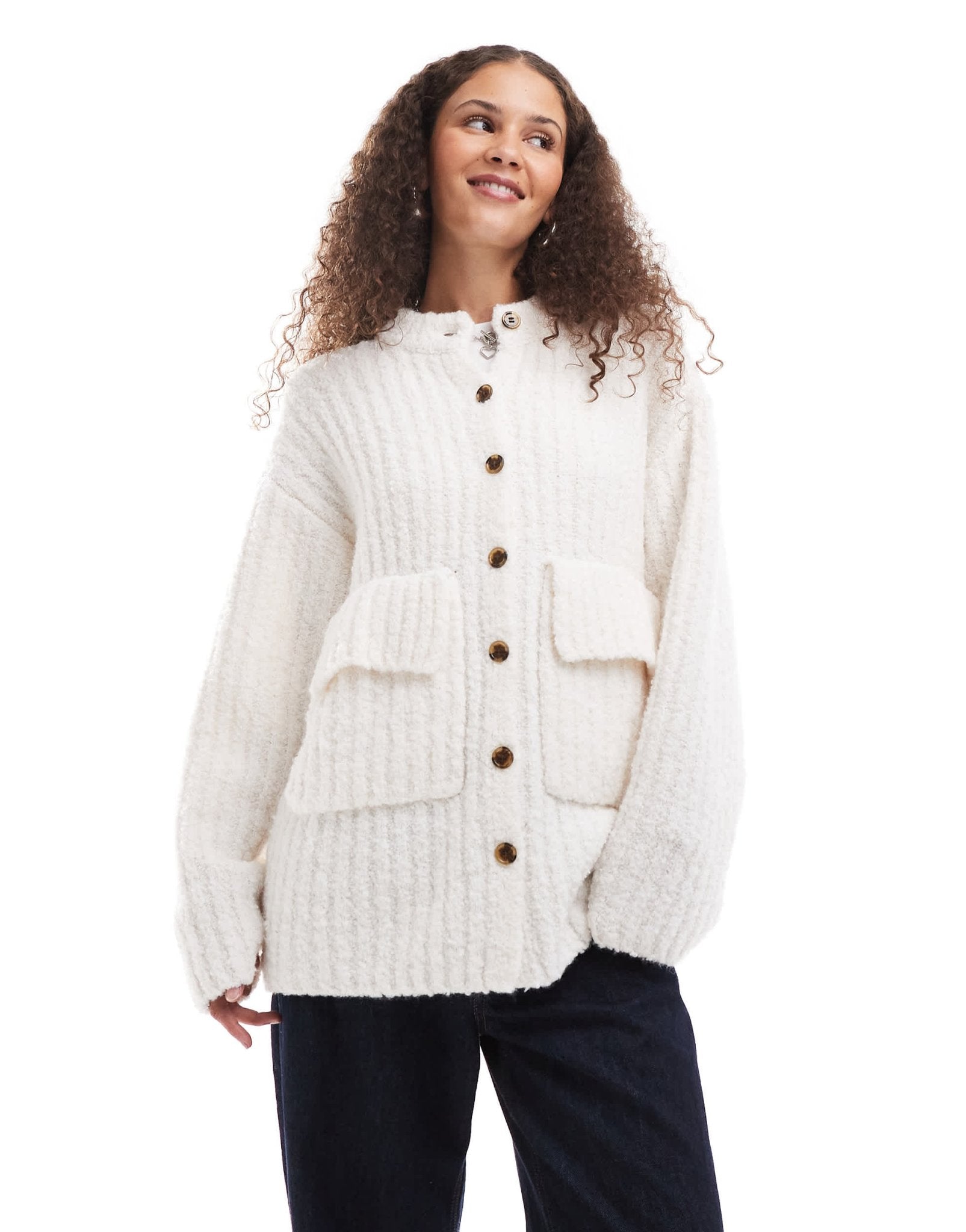 Monki chunky knit rib high neck cardigan with button front and front flap pockets in off white - ASOS Sample Sale