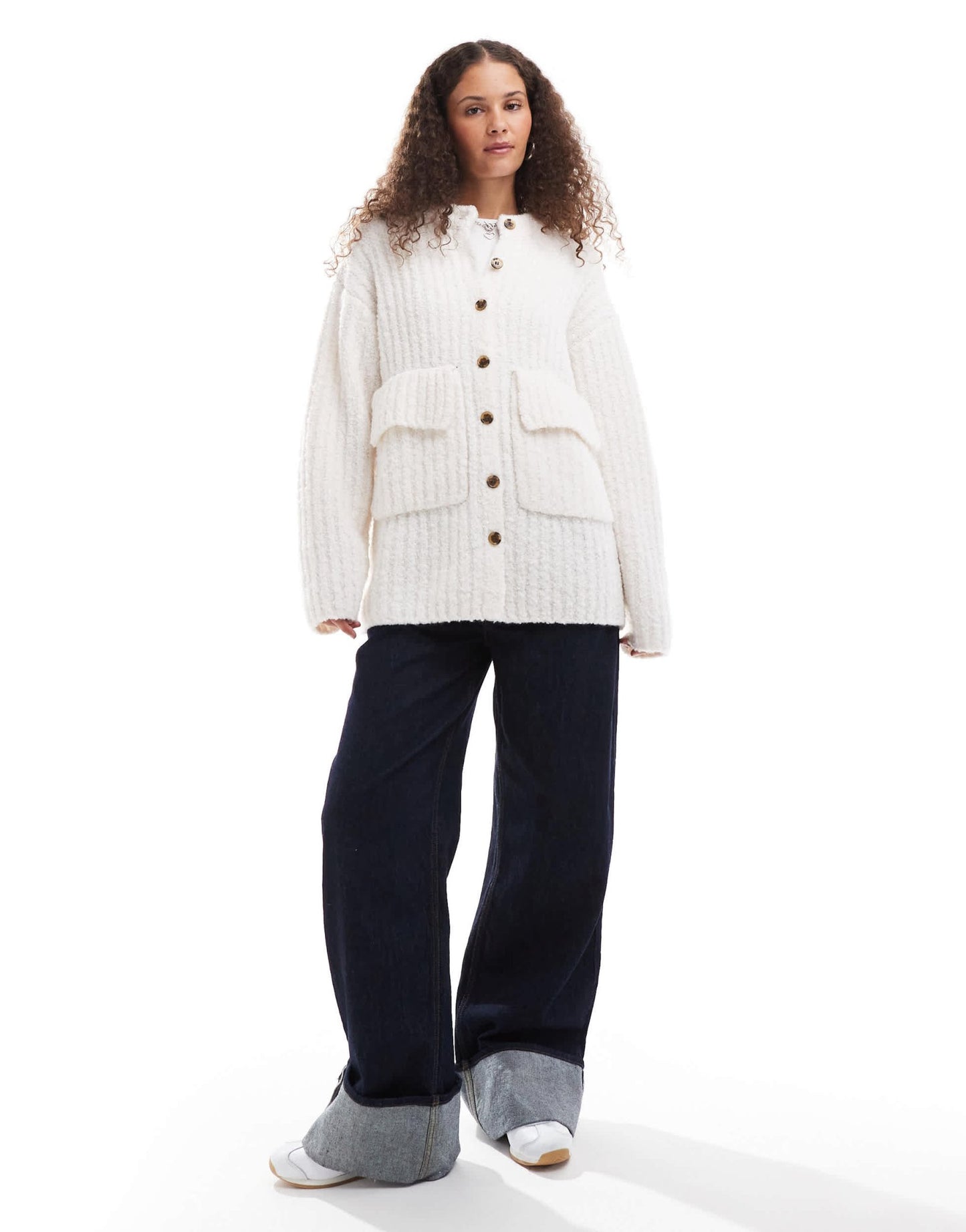 Monki chunky knit rib high neck cardigan with button front and front flap pockets in off white - ASOS Sample Sale