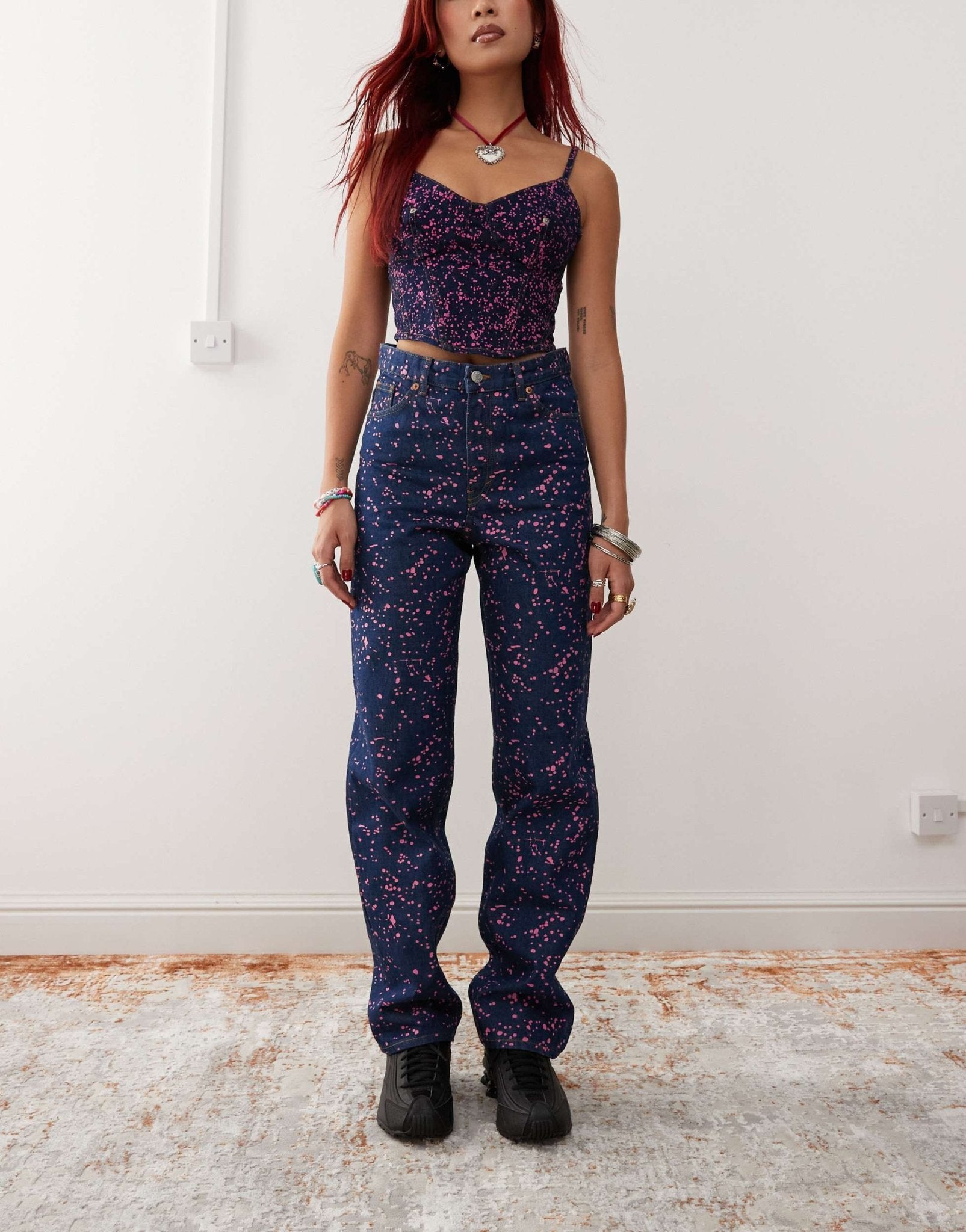 Monki co - ord Aimo straight leg jeans in dark blue with pink paint splatter print - ASOS Sample Sale
