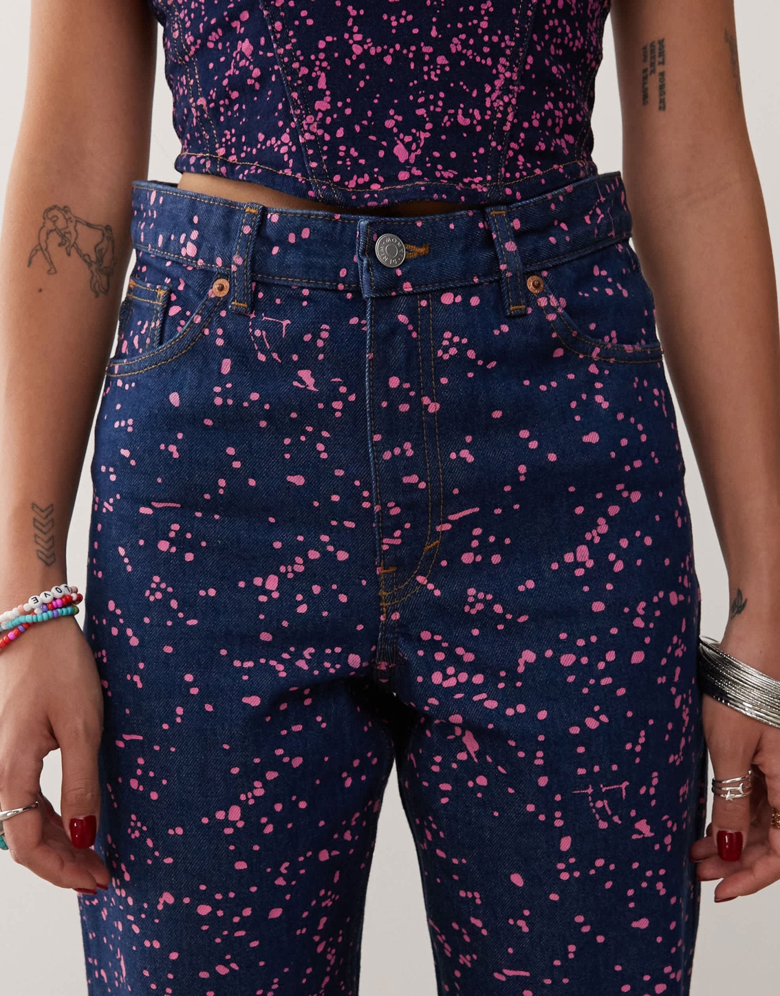 Monki co - ord Aimo straight leg jeans in dark blue with pink paint splatter print - ASOS Sample Sale