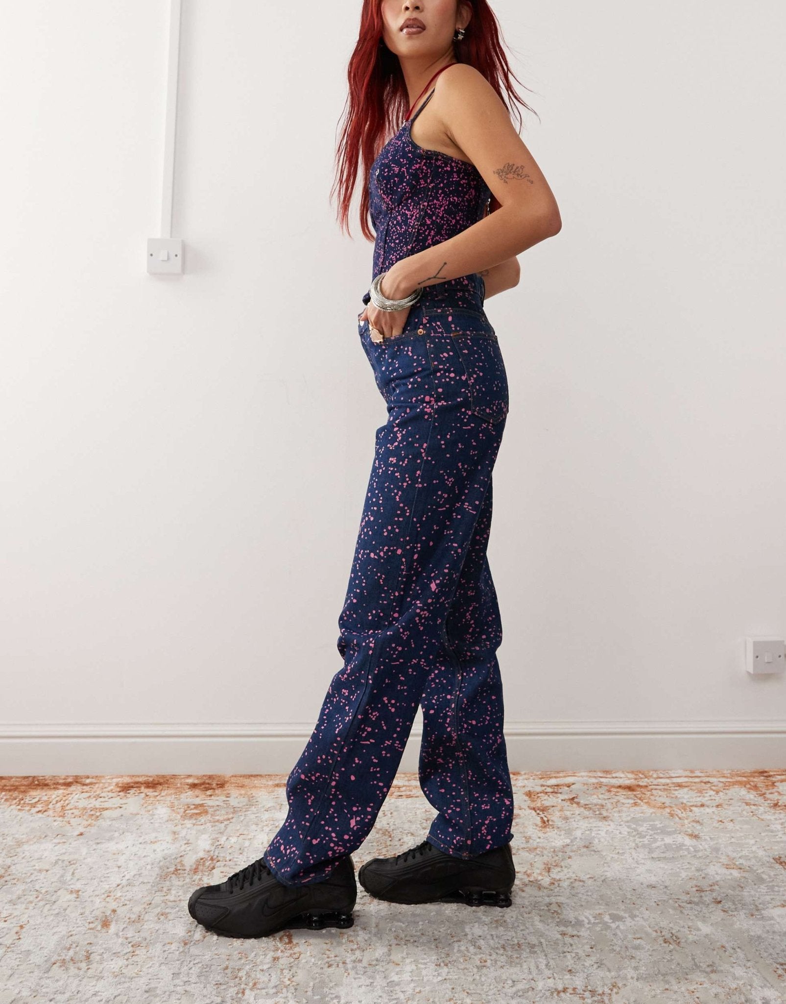 Monki co - ord Aimo straight leg jeans in dark blue with pink paint splatter print - ASOS Sample Sale