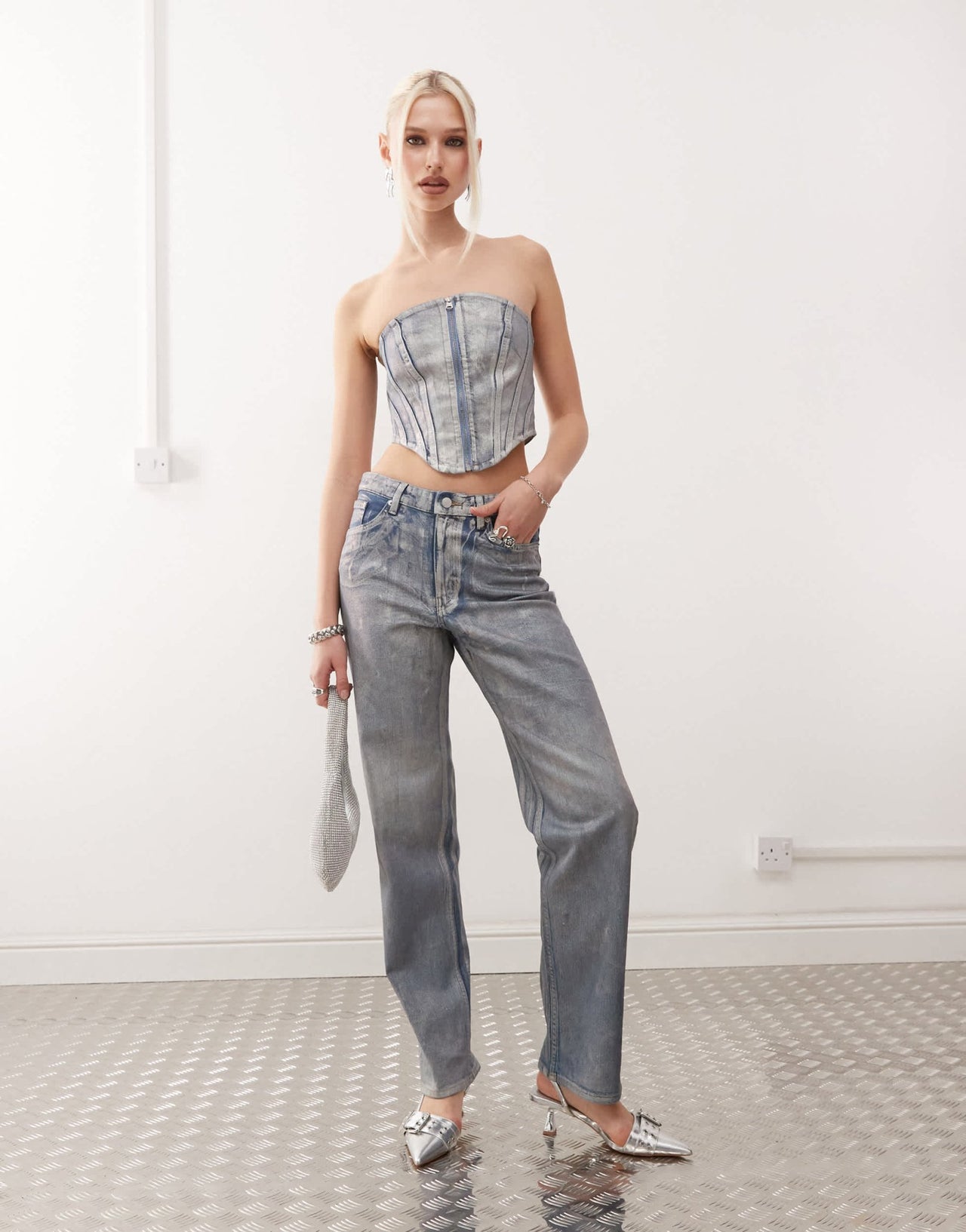 Monki co - ord denim corset top in holographic wash - ASOS Sample Sale