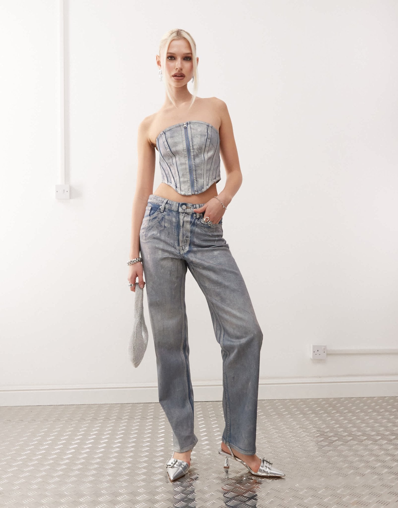 Monki co - ord denim corset top in holographic wash - ASOS Sample Sale