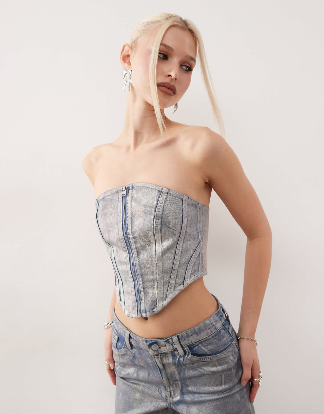 Monki co - ord denim corset top in holographic wash - ASOS Sample Sale