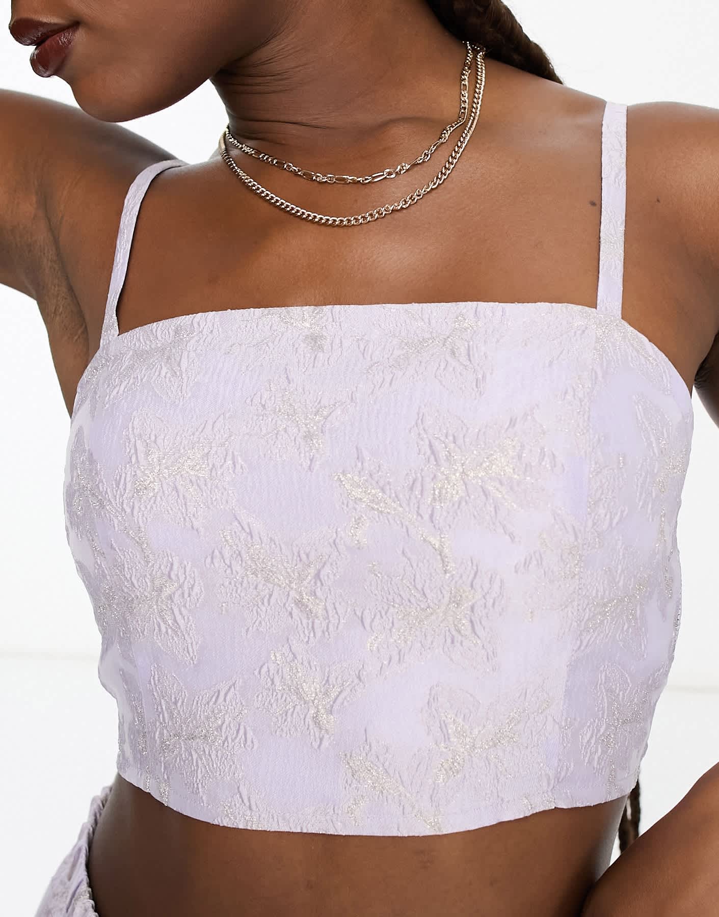 Monki co - ord floral shimmer brocade cami cropped top in lilac - ASOS Sample Sale