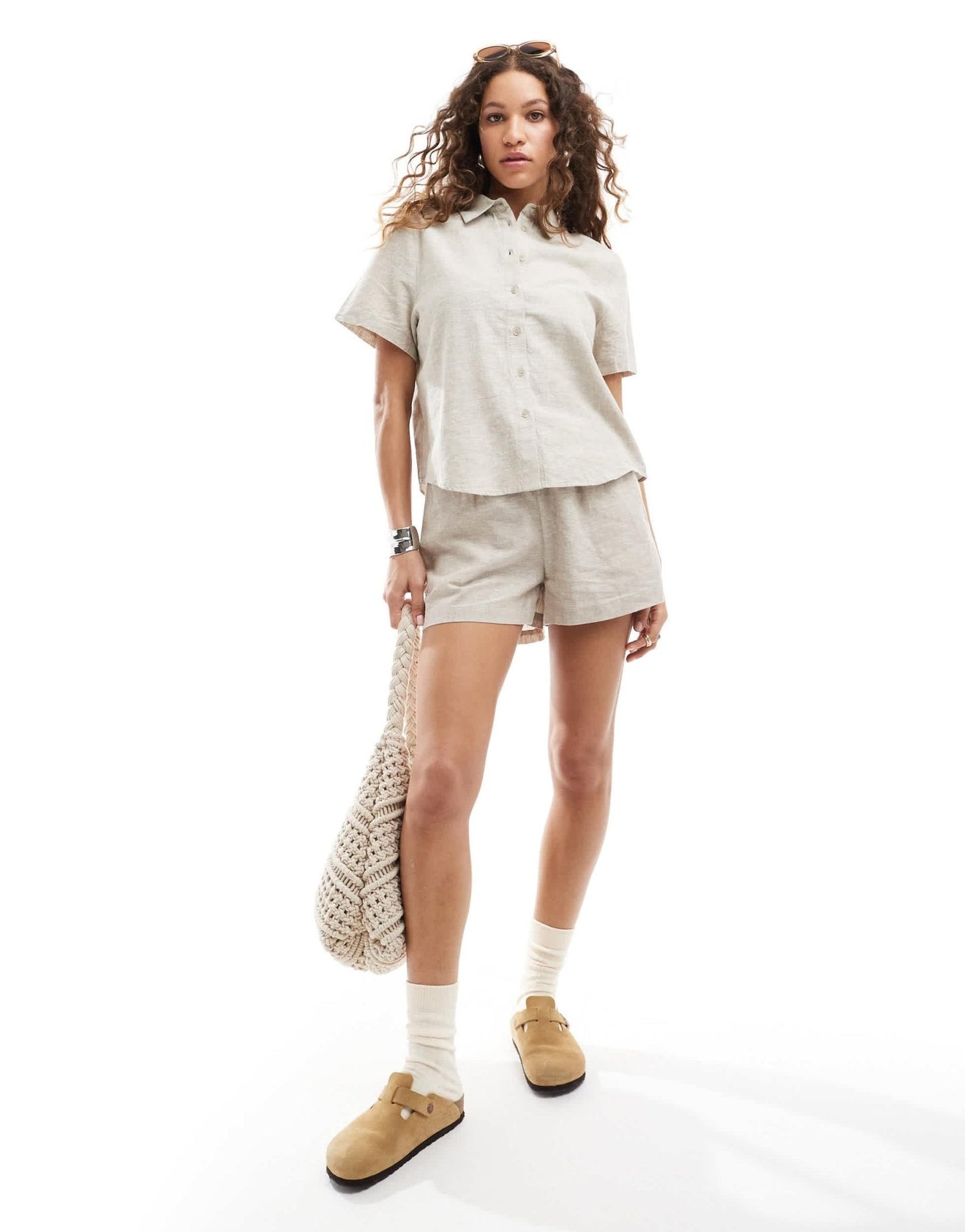 Monki co - ord short sleeve linen shirt in beige - ASOS Sample Sale