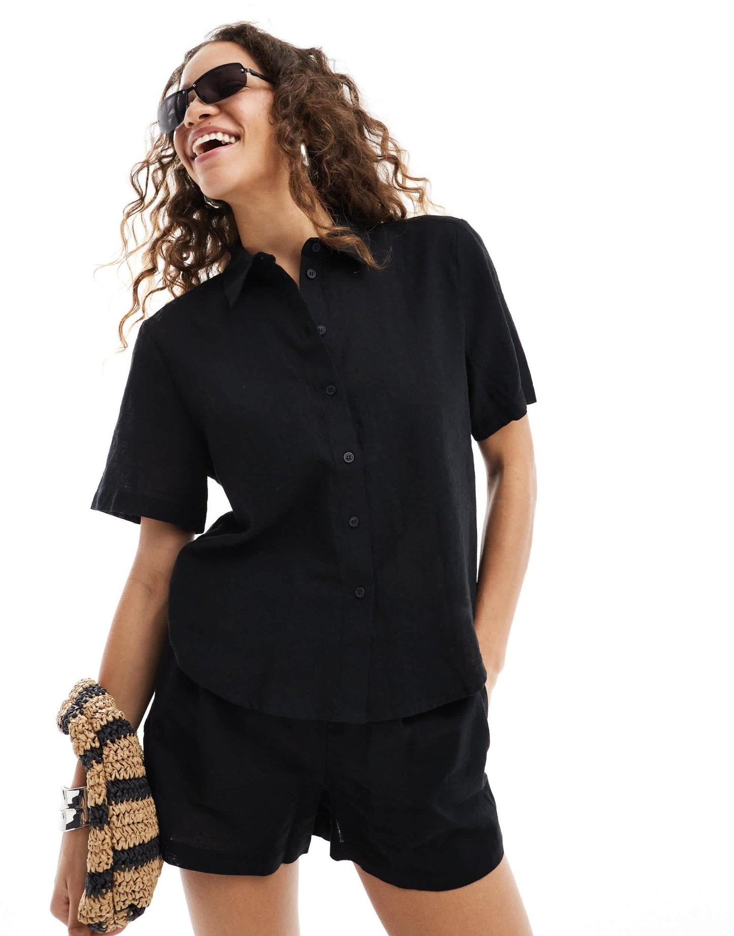 Monki co - ord short sleeve linen shirt in black - ASOS Sample Sale