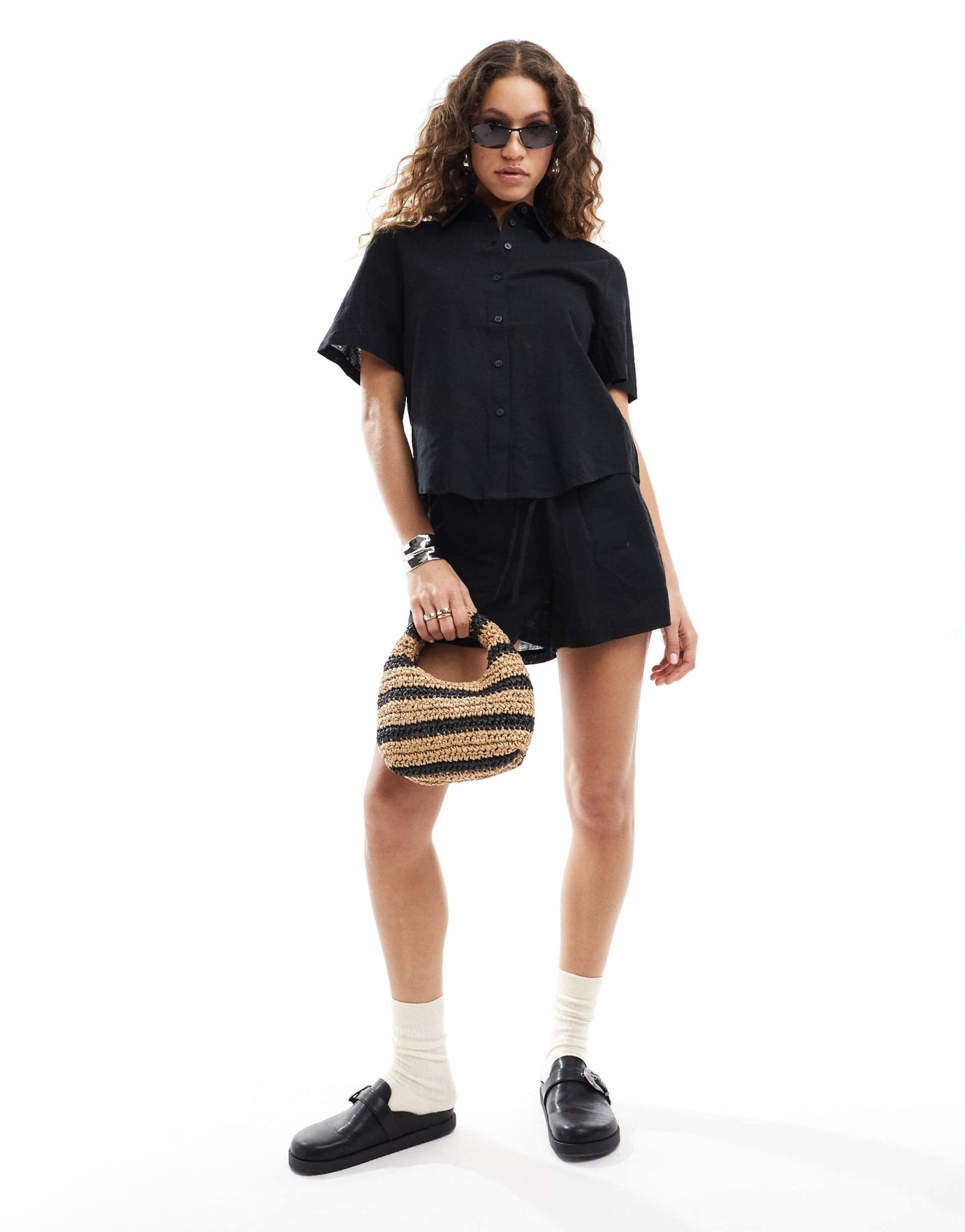 Monki co - ord short sleeve linen shirt in black - ASOS Sample Sale