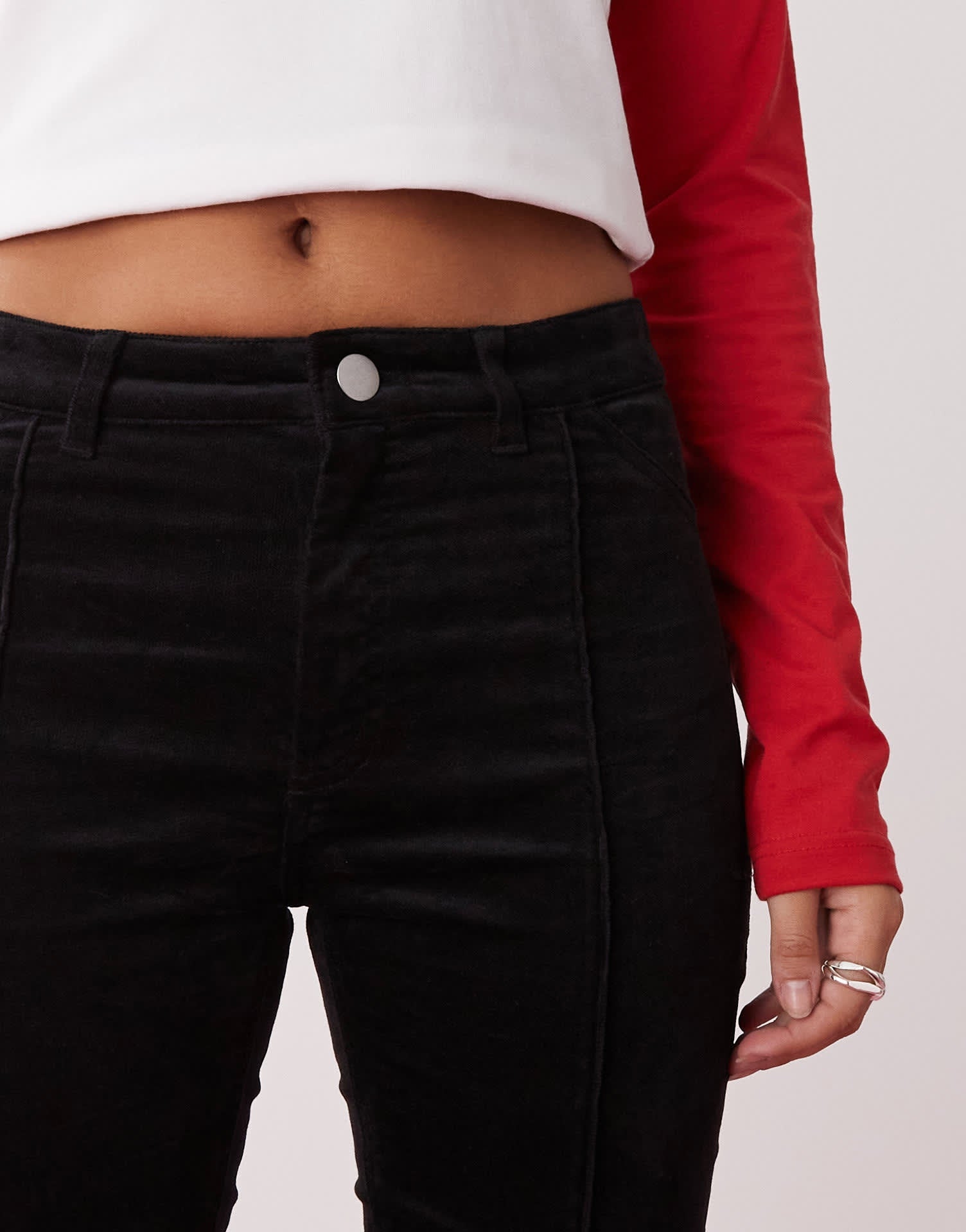 Monki cord flare leg trouser with front pintuck seam in black - ASOS Sample Sale