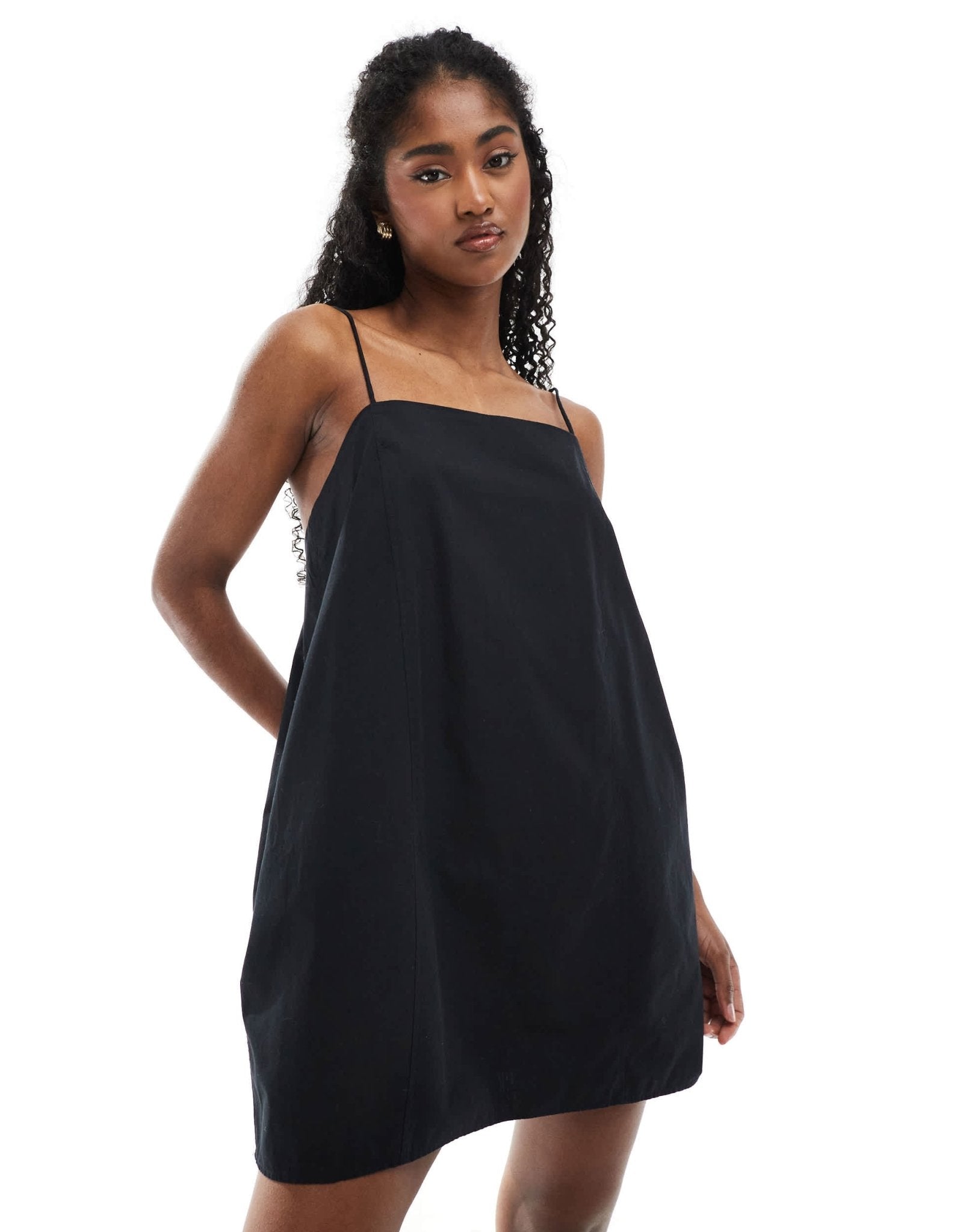 Monki cotton poplin mini dress with tie straps in black - ASOS Sample Sale