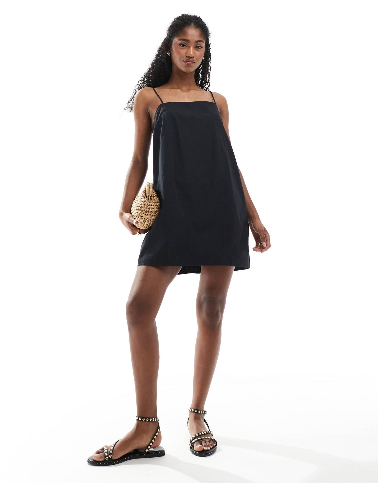 Monki cotton poplin mini dress with tie straps in black - ASOS Sample Sale