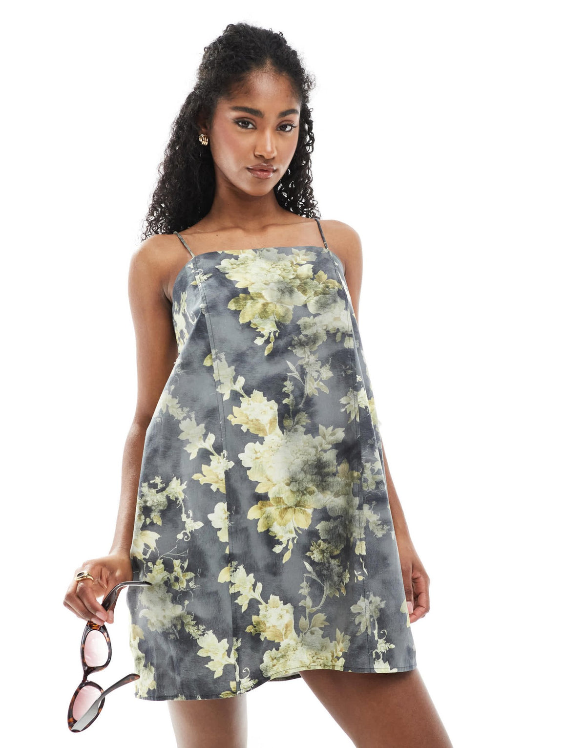 Monki cotton poplin mini dress with tie straps in yellow print - ASOS Sample Sale