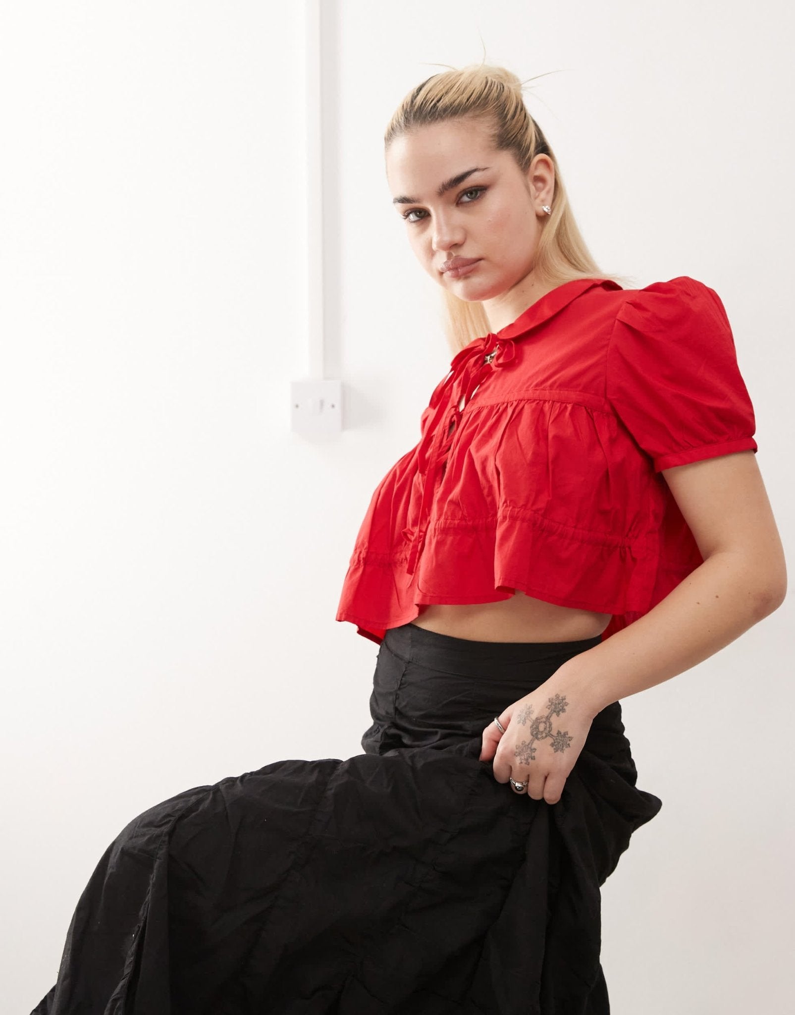 Monki cotton poplin peplum tie shirt top with collar and front tie up detail in red - ASOS Sample Sale