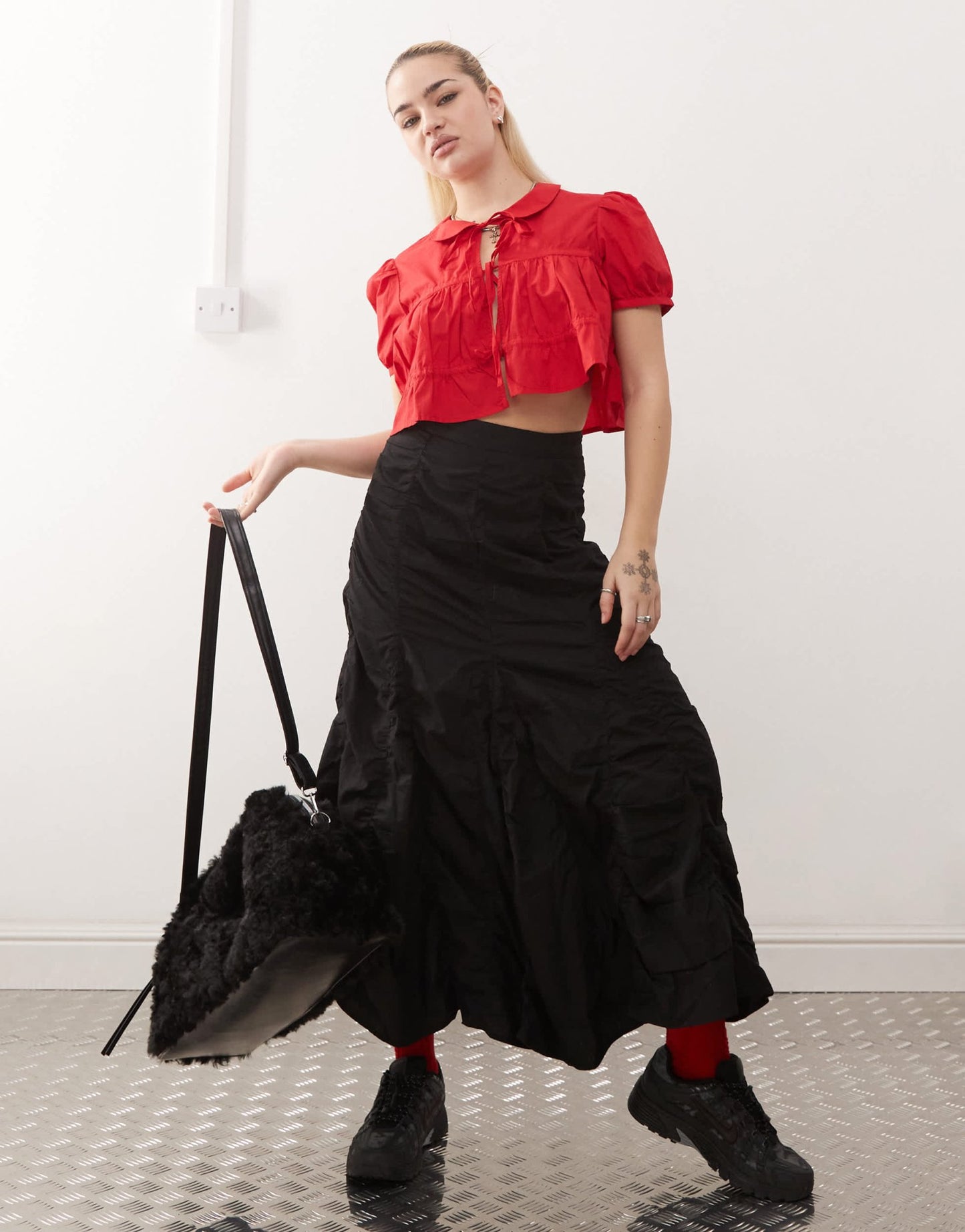 Monki cotton poplin peplum tie shirt top with collar and front tie up detail in red - ASOS Sample Sale