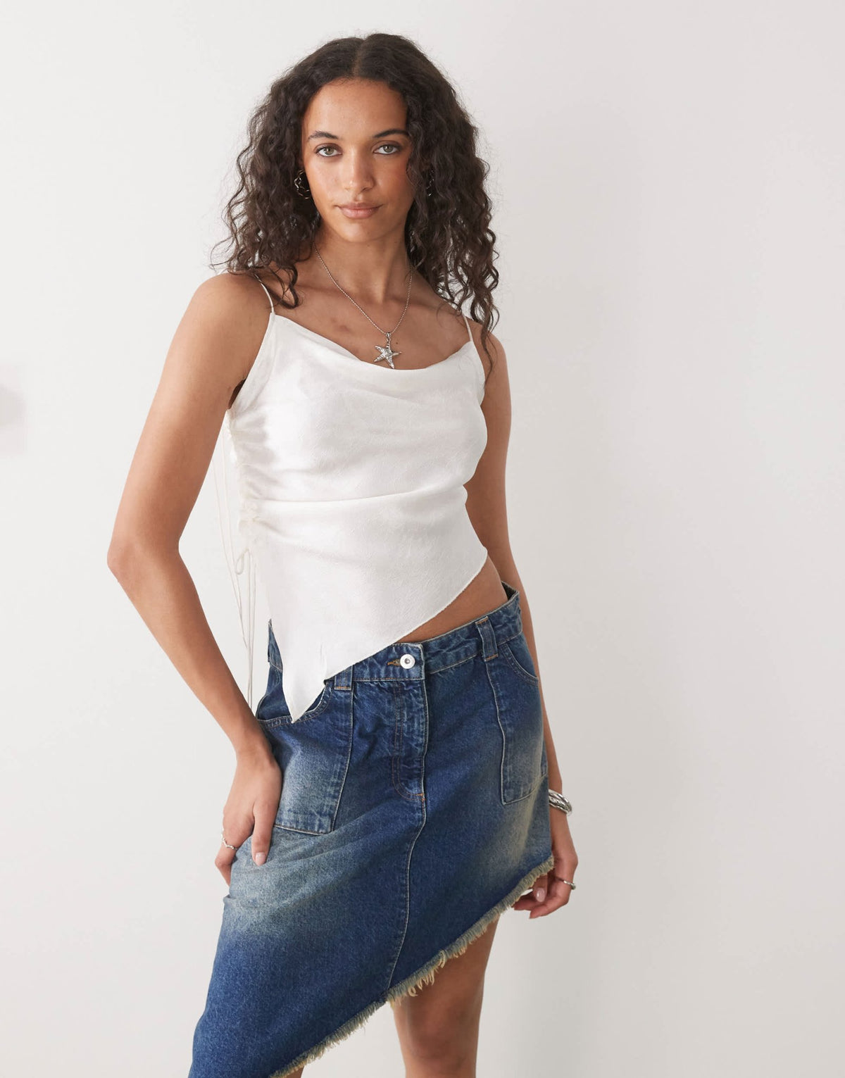 Monki cowl neck satin cami top with ruched tie side detail in off white - ASOS Sample Sale