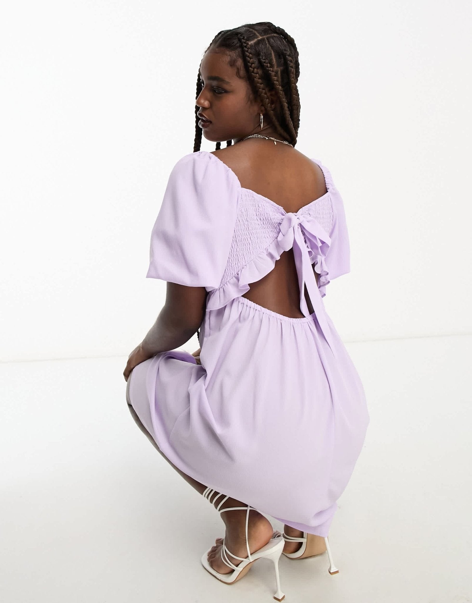 Monki crepe puff sleeve open back mini dress in lilac - ASOS Sample Sale