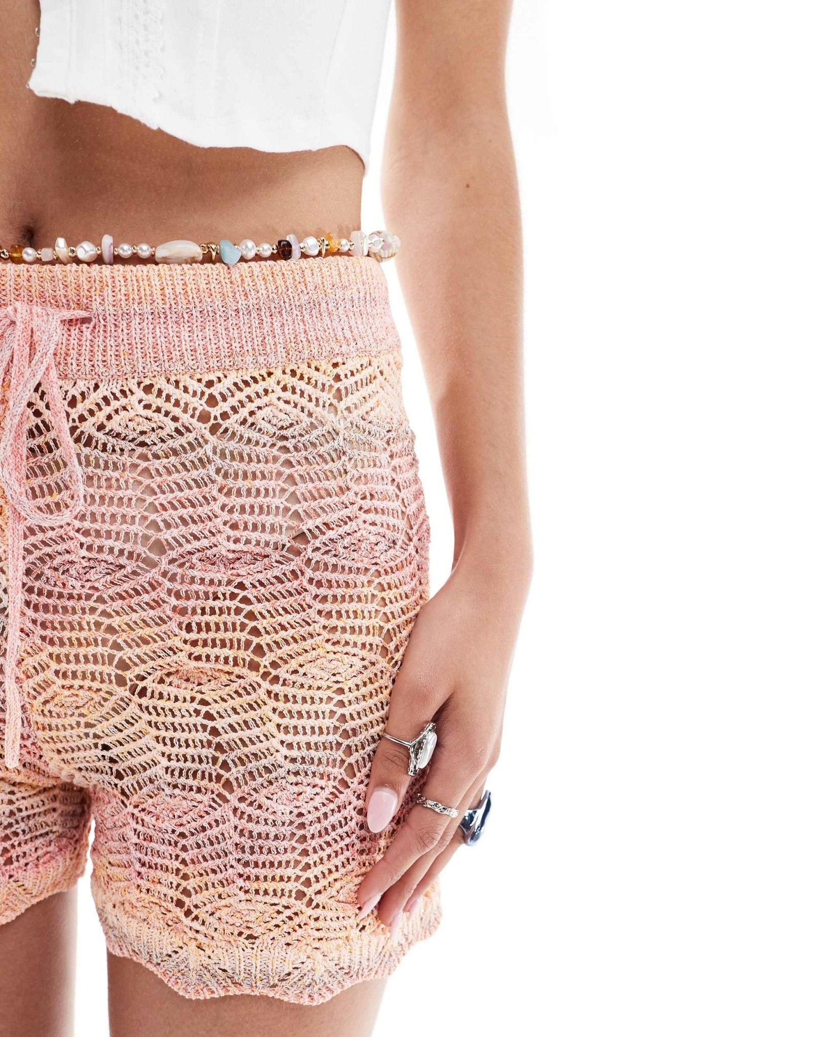 Monki crochet knitted shorts with tie waist in pink and orange ombre - ASOS Sample Sale