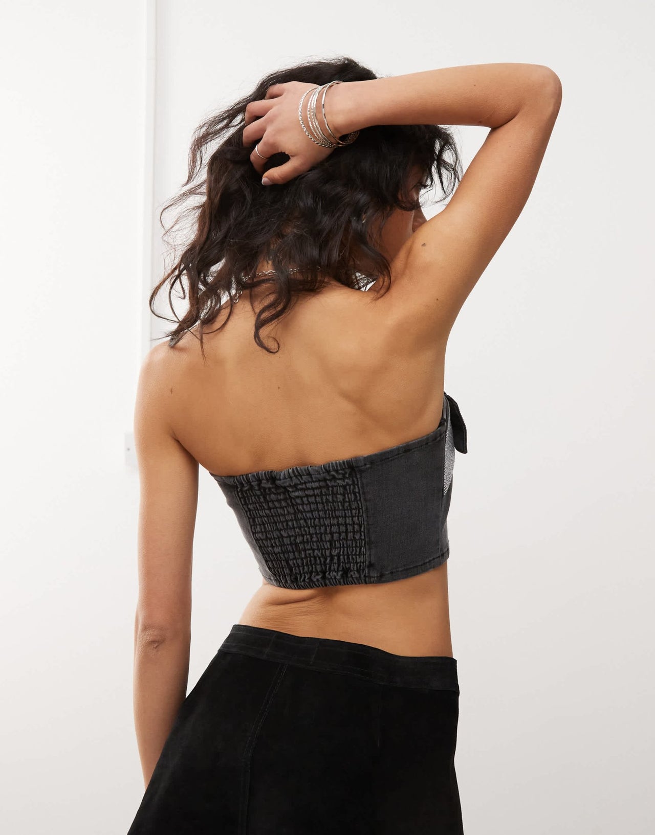 Monki denim bandeau crop top with belt detail in washed black - ASOS Sample Sale