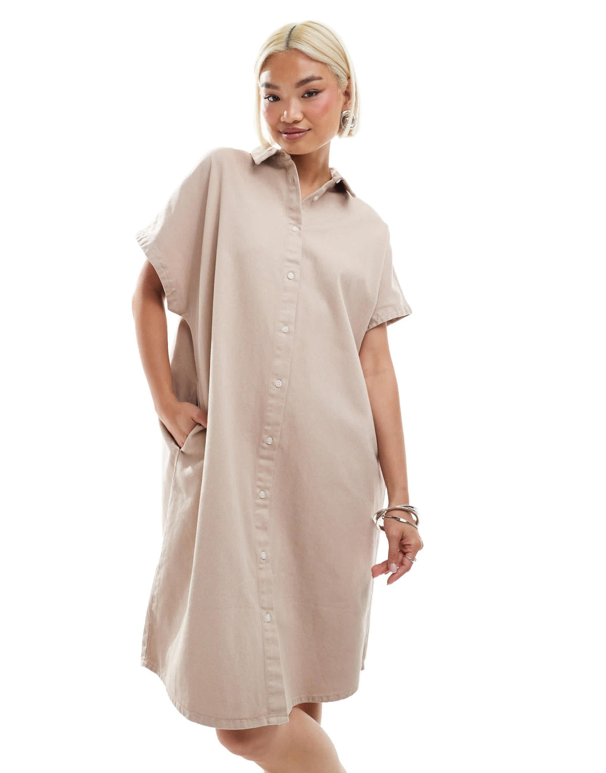 Monki denim midi shirt dress in beige - ASOS Sample Sale