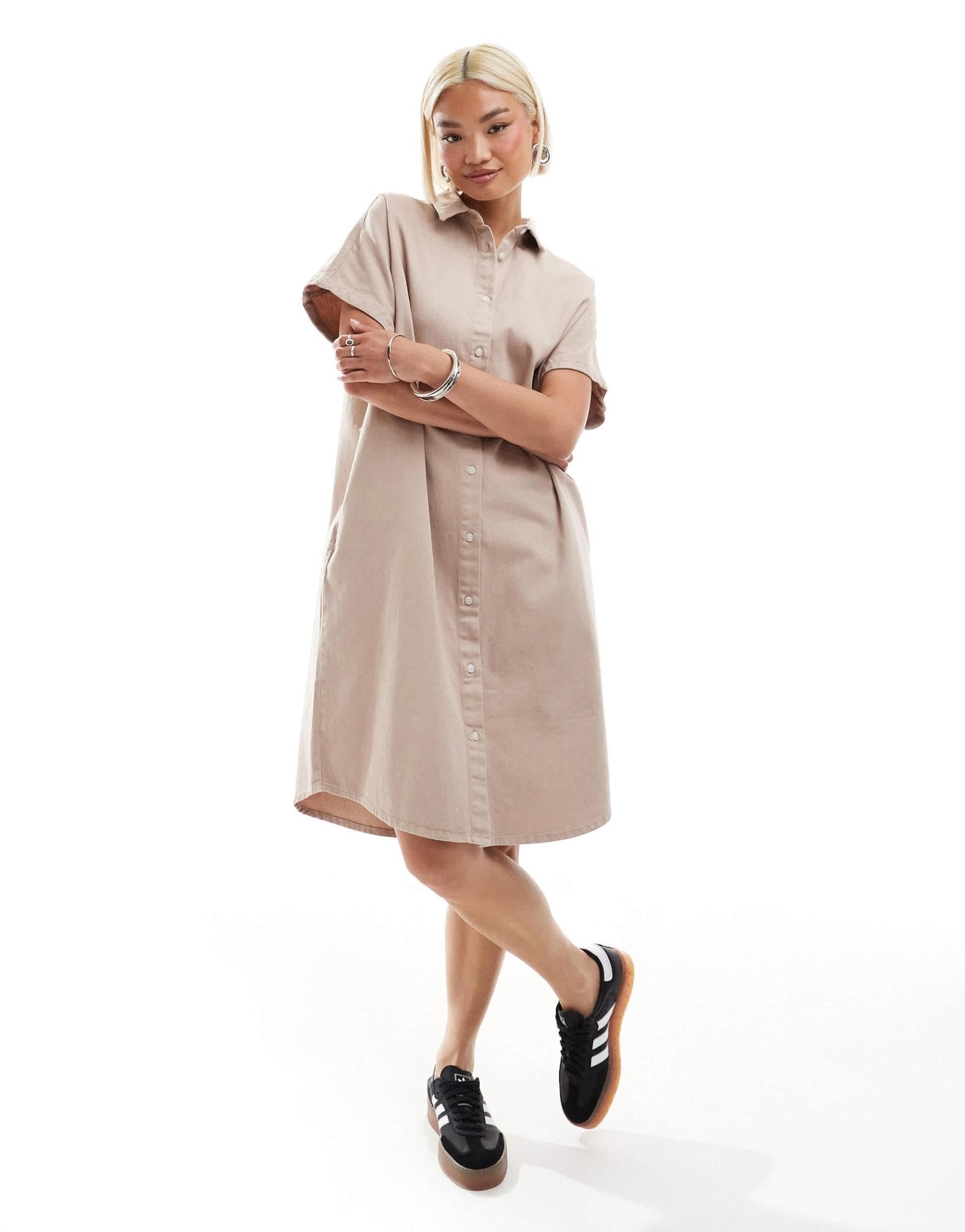 Monki denim midi shirt dress in beige - ASOS Sample Sale
