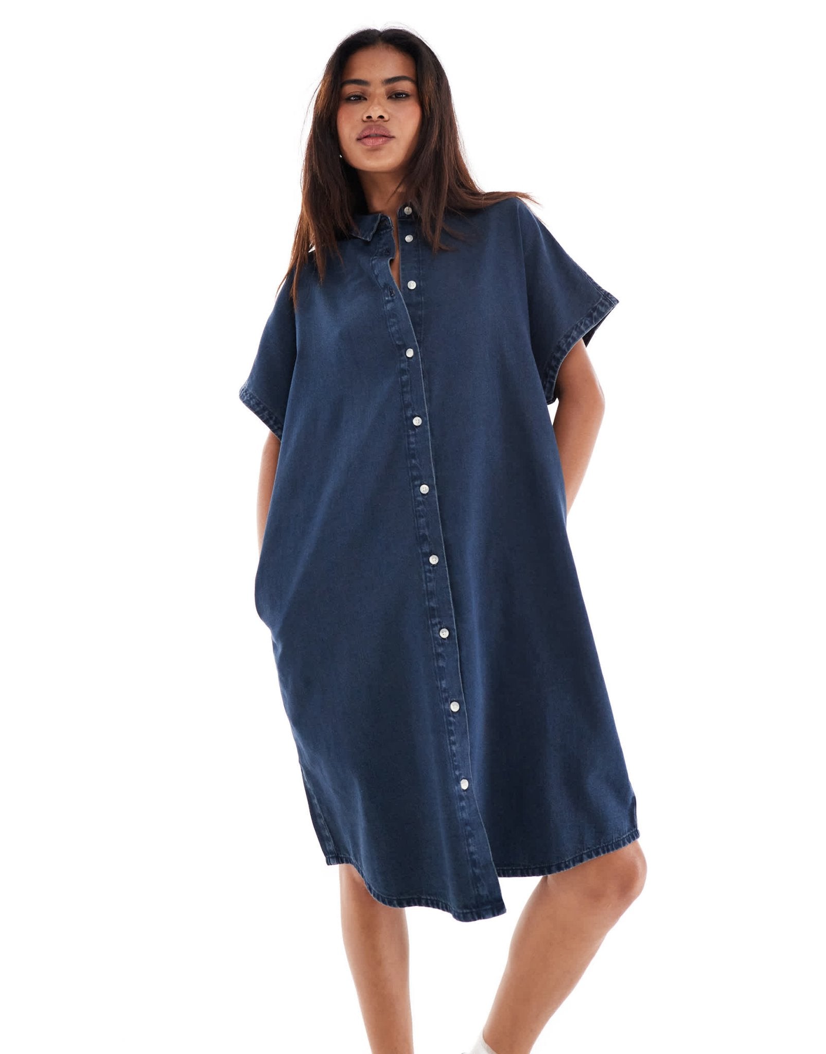 Monki denim mini shirt dress in midwash blue - ASOS Sample Sale