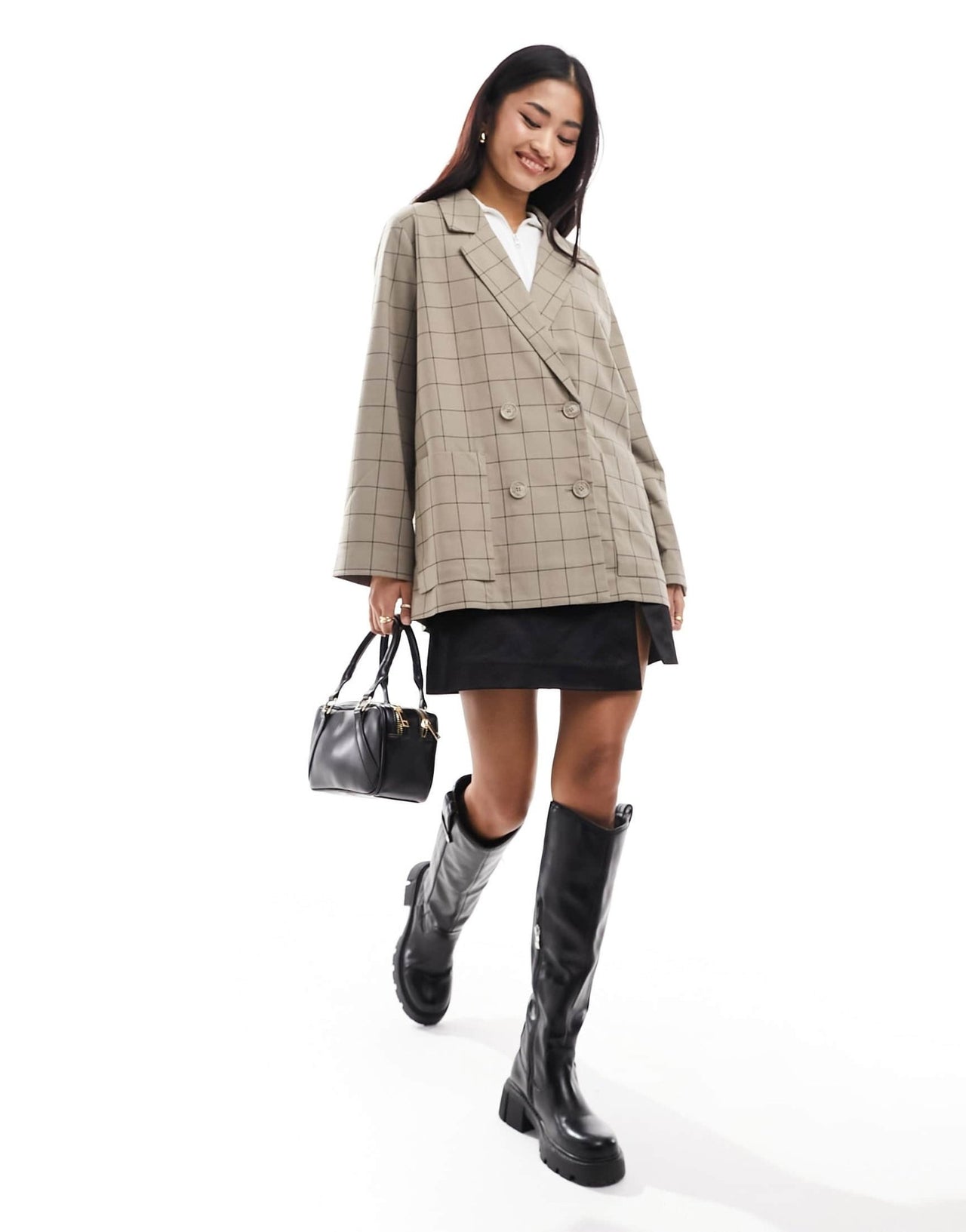 Monki double breasted blazer in beige check - ASOS Sample Sale