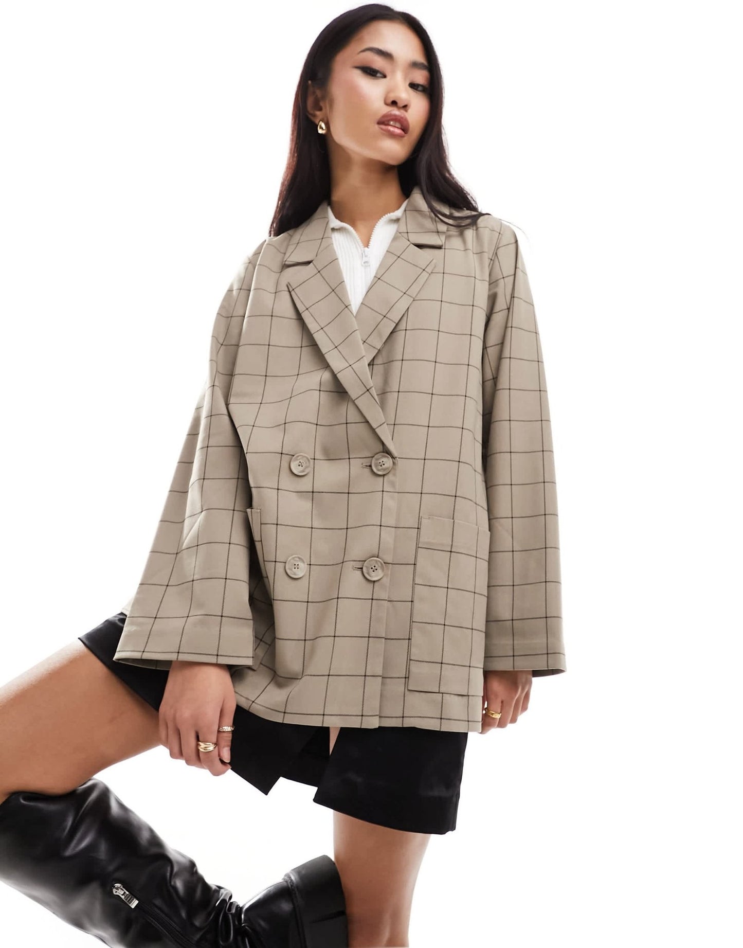 Monki double breasted blazer in beige check - ASOS Sample Sale