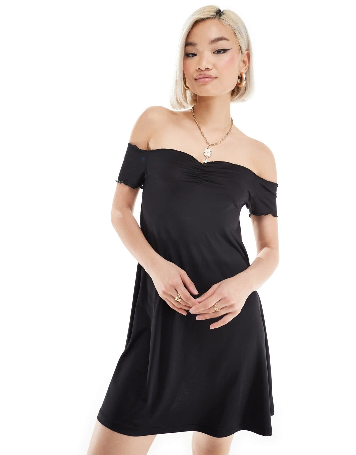 Monki drapey jersey off shoulder mini dress in black - ASOS Sample Sale