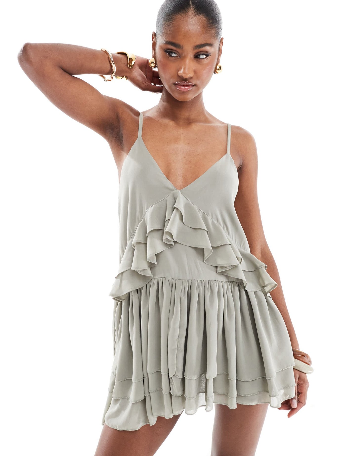 Monki floaty frill mini dress in khaki - ASOS Sample Sale