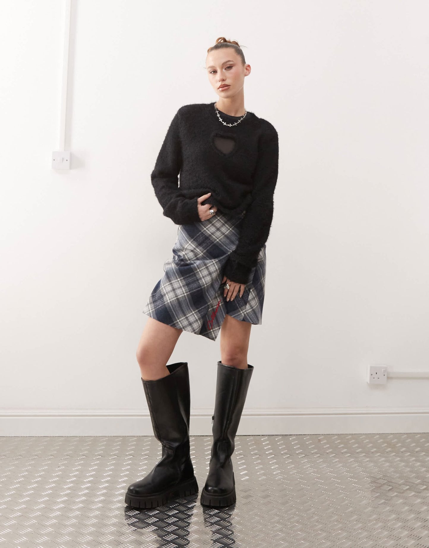 Monki fluffy sweater with cut out heart in black - ASOS Sample Sale
