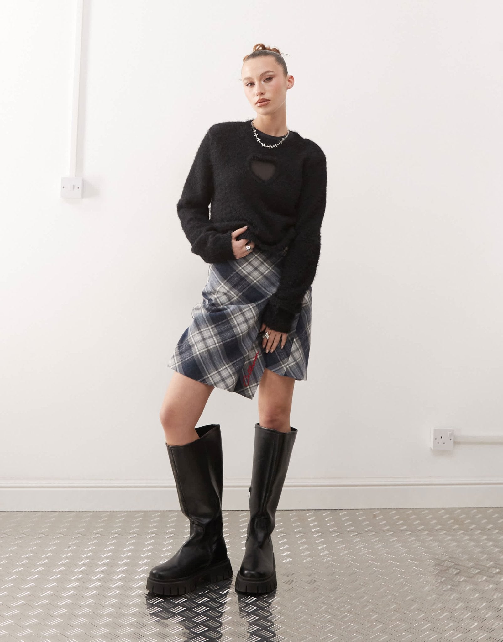 Monki fluffy sweater with cut out heart in black - ASOS Sample Sale