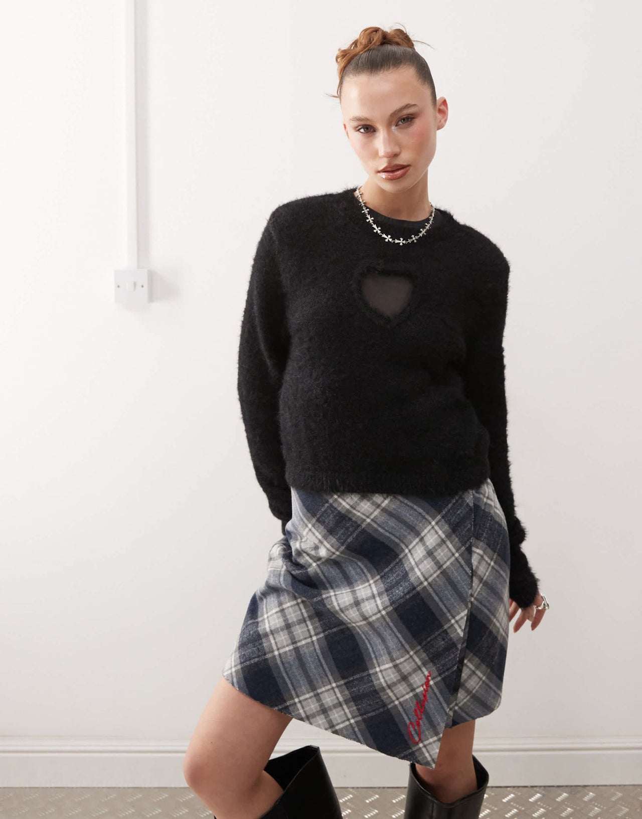 Monki fluffy sweater with cut out heart in black - ASOS Sample Sale