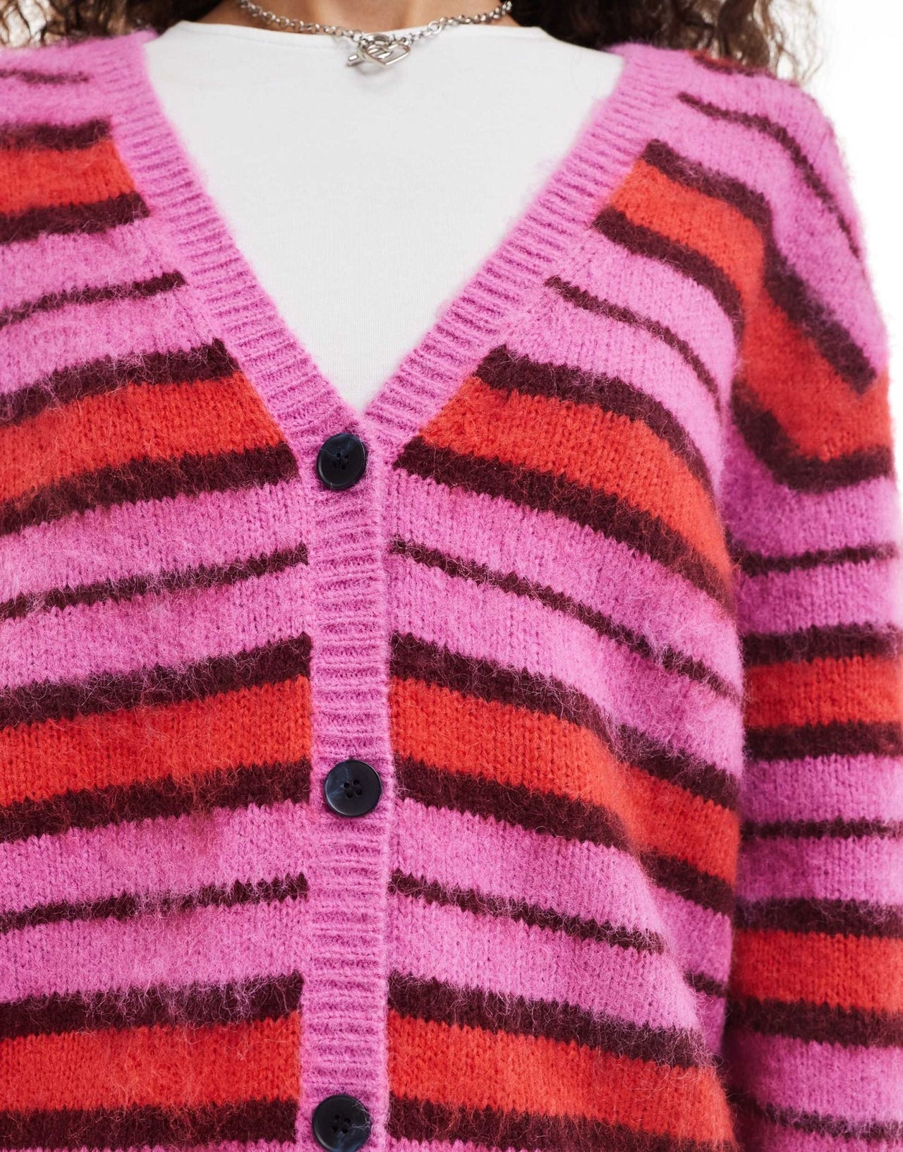 Monki fluffy yarn knitted cardigan with v neck in pink and red stripe - ASOS Sample Sale