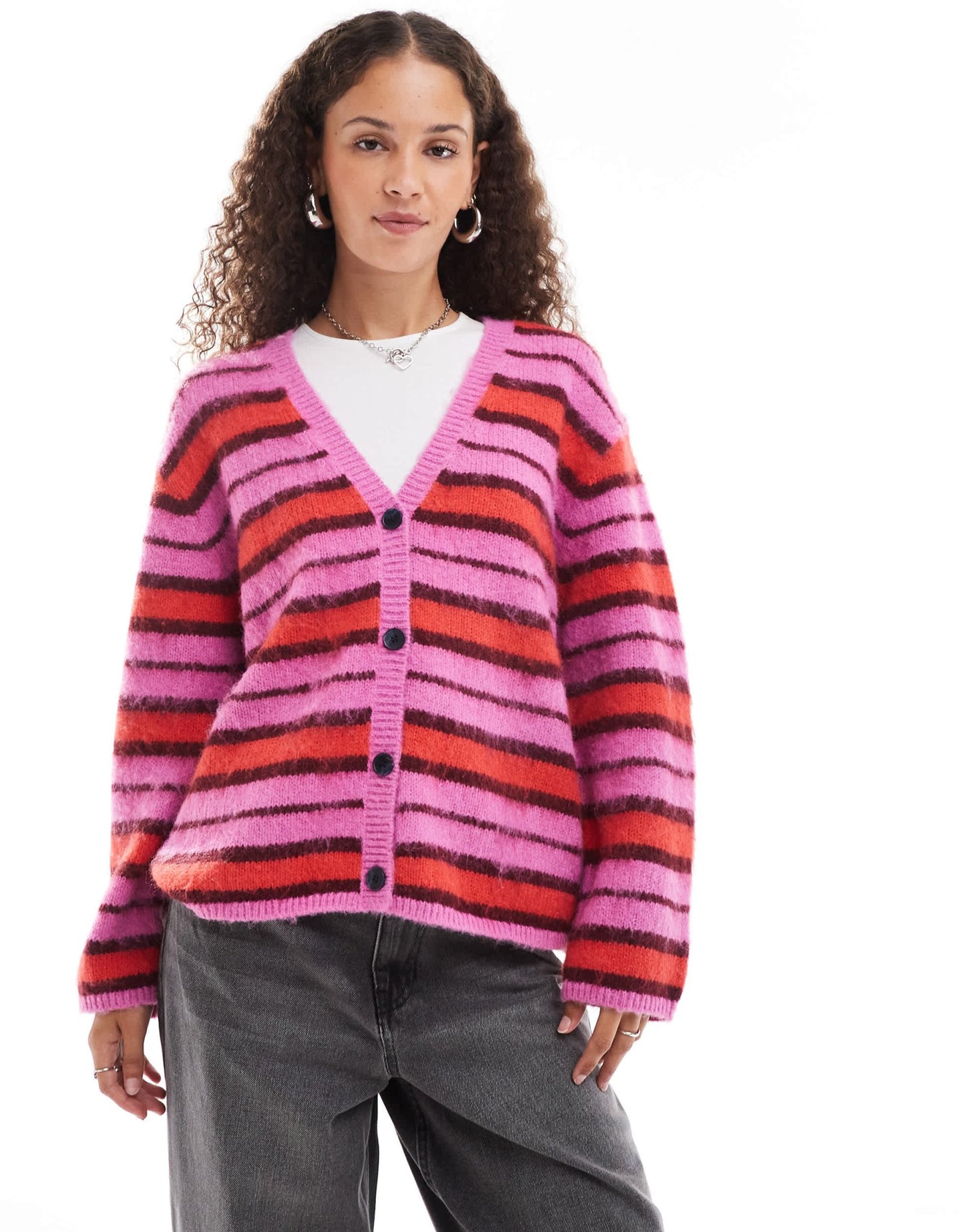 Monki fluffy yarn knitted cardigan with v neck in pink and red stripe - ASOS Sample Sale
