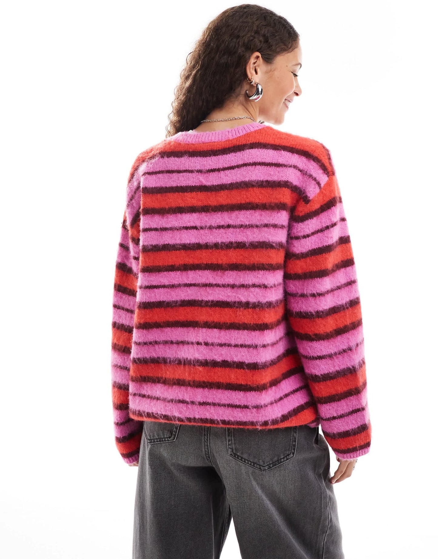 Monki fluffy yarn knitted cardigan with v neck in pink and red stripe - ASOS Sample Sale