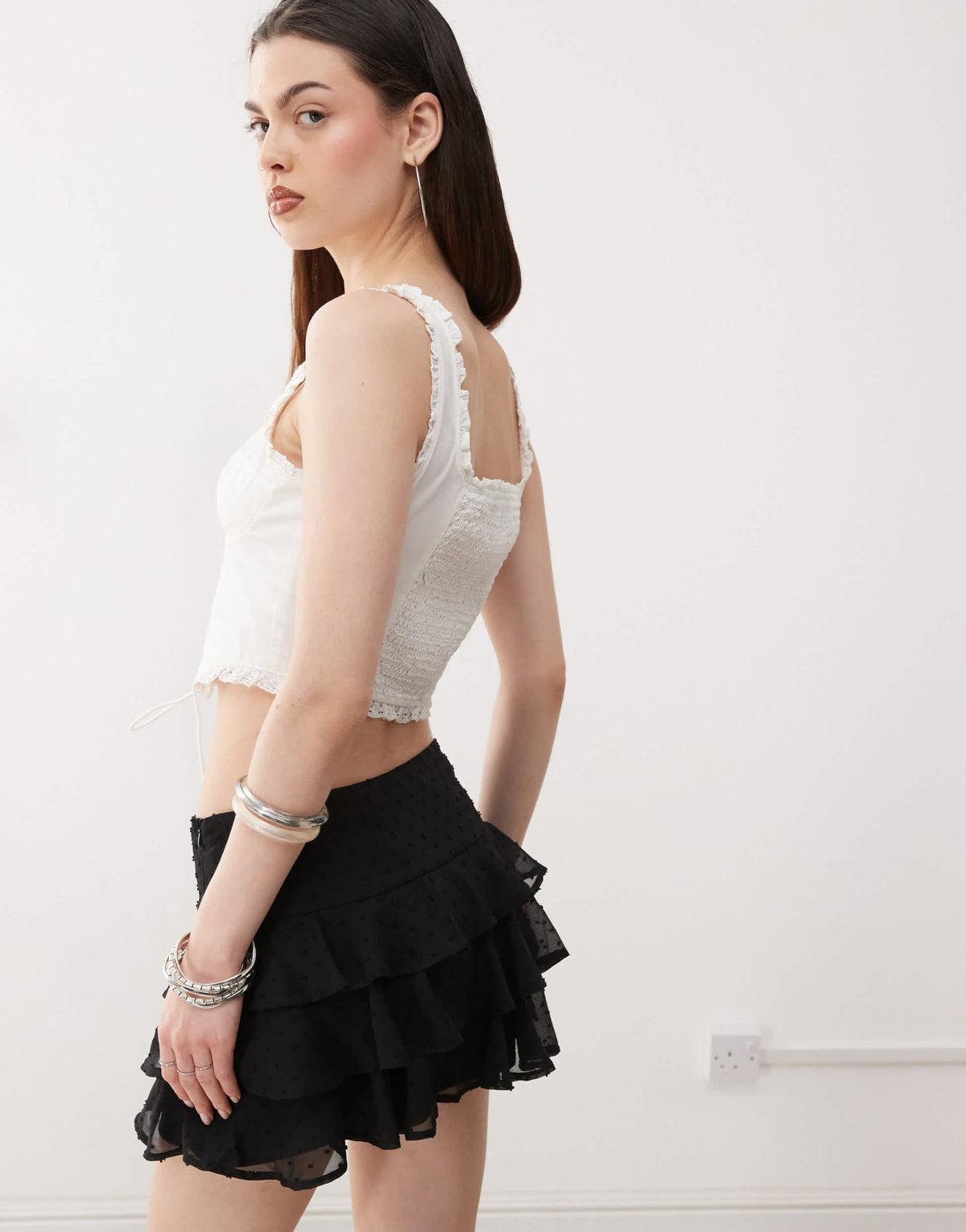 Monki frill edge corset top with lace up detail in white - ASOS Sample Sale