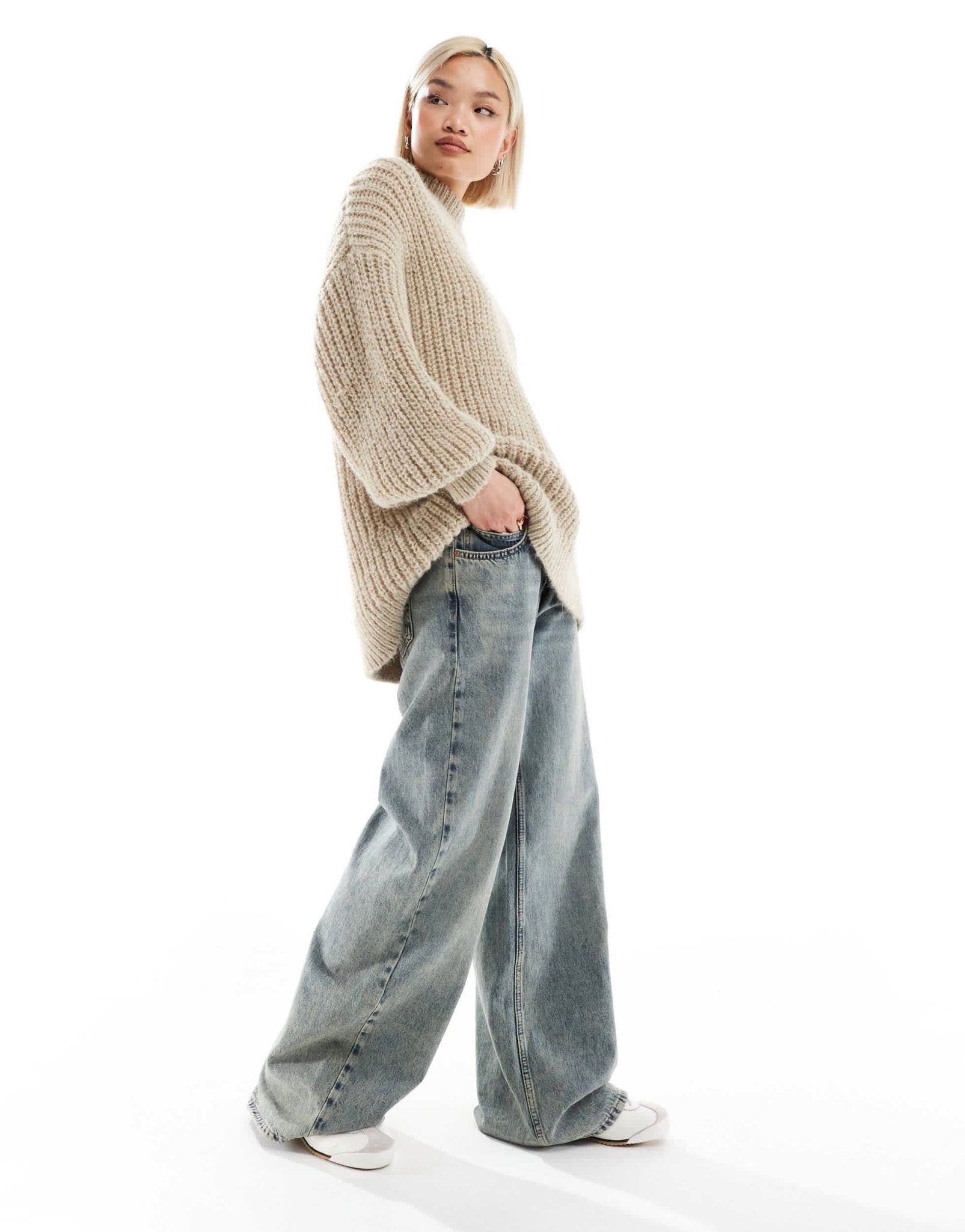 Monki high neck chunky rib knitted jumper with volume sleeve in beige - ASOS Sample Sale