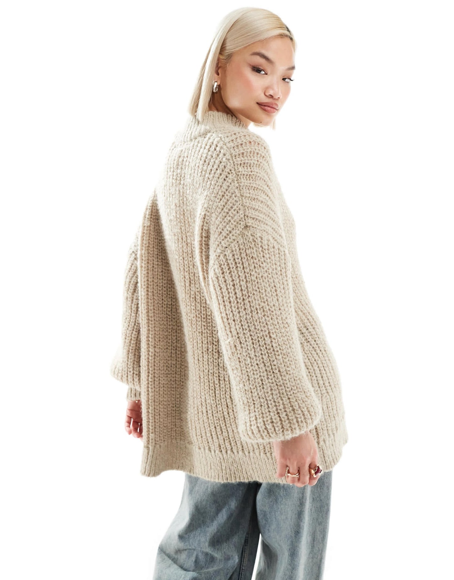 Monki high neck chunky rib knitted jumper with volume sleeve in beige - ASOS Sample Sale