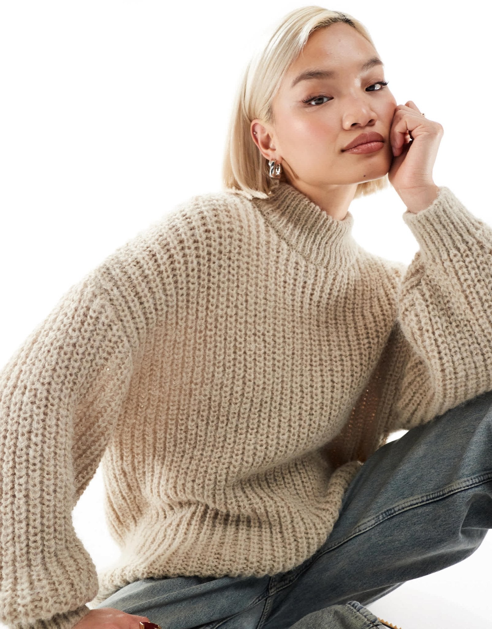 Monki high neck chunky rib knitted jumper with volume sleeve in beige - ASOS Sample Sale