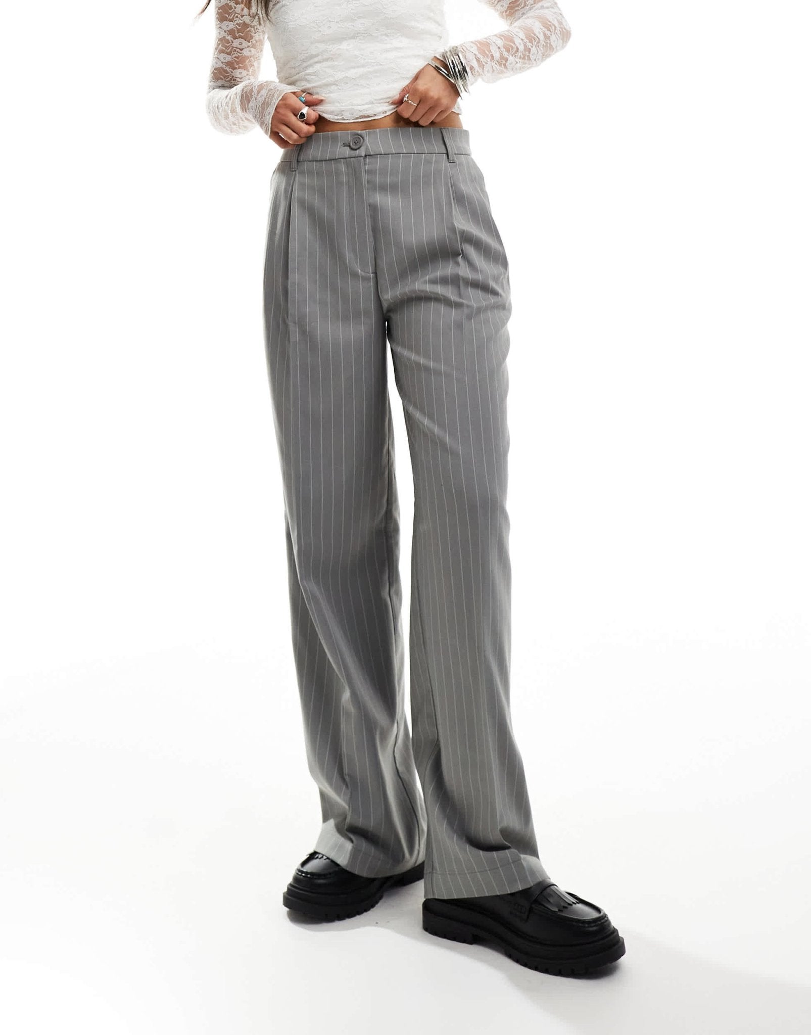 Monki high waist tailored trousers in grey with white pinstripe - ASOS Sample Sale