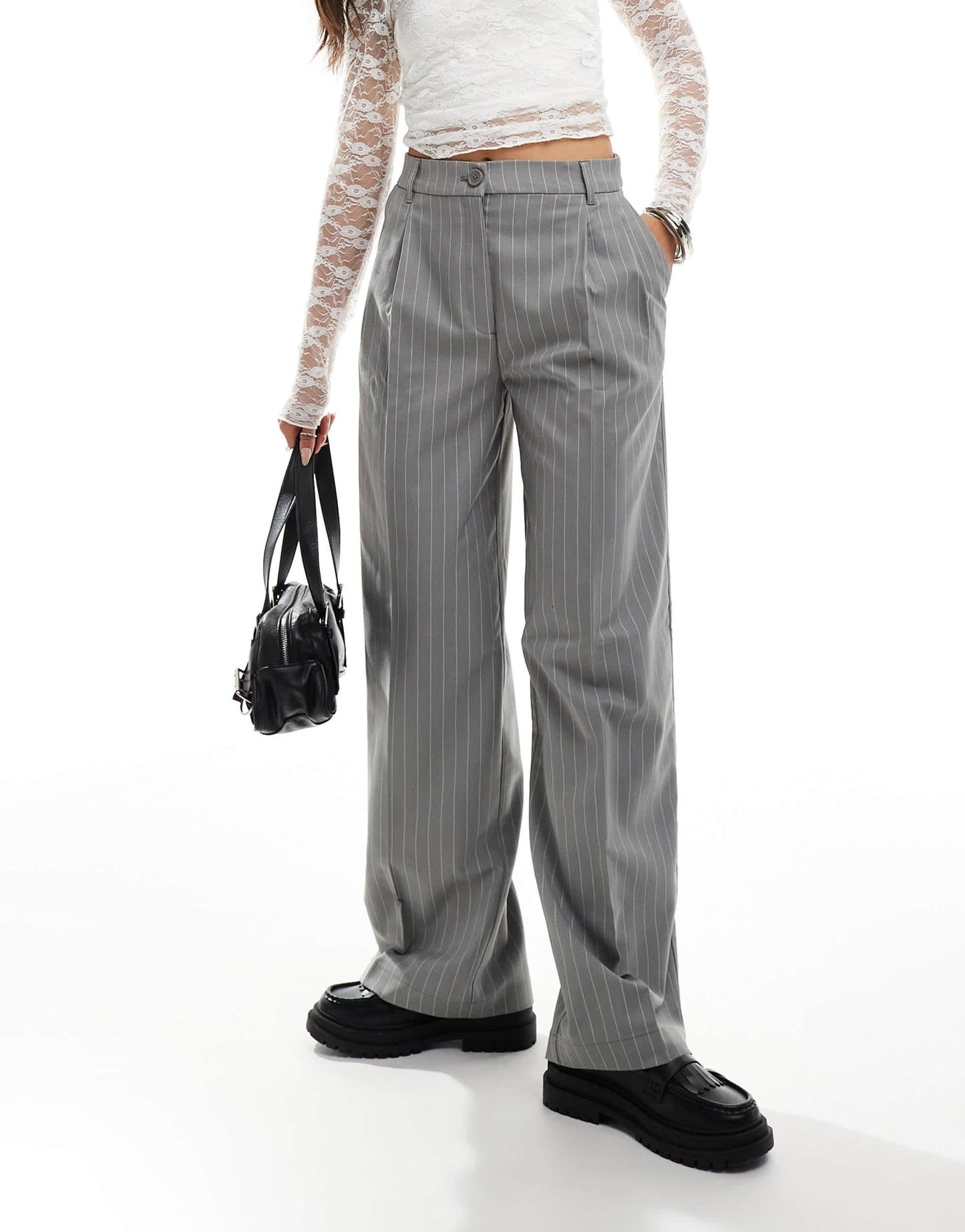Monki high waist tailored trousers in grey with white pinstripe - ASOS Sample Sale