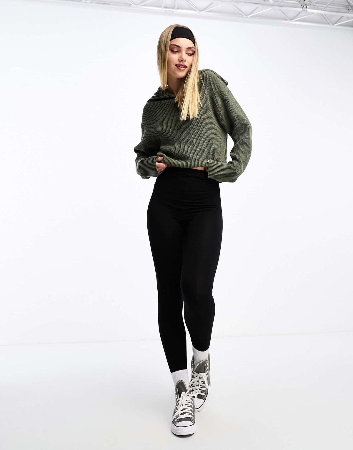 Monki high zip neck knitted sweater in khaki - ASOS Sample Sale