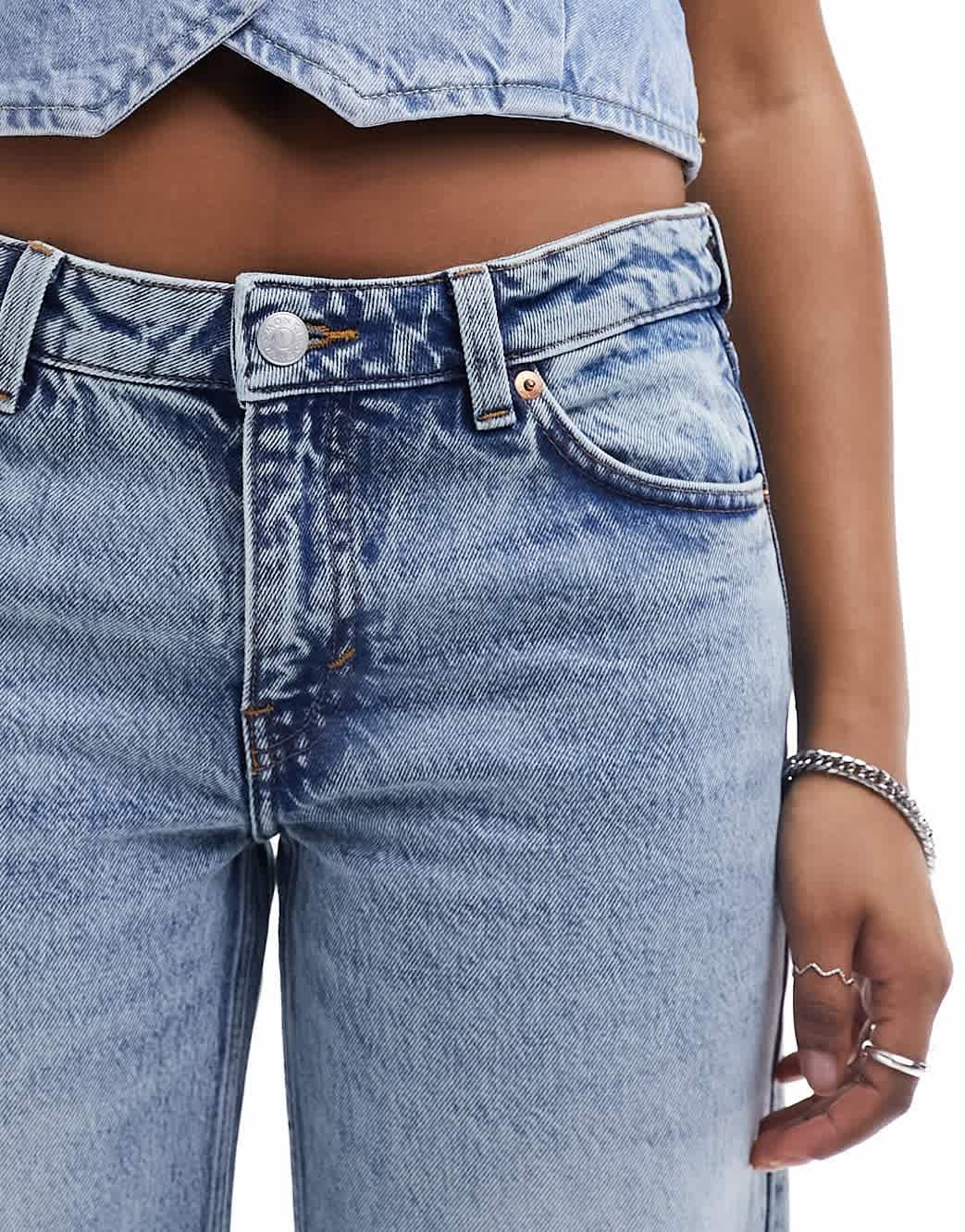 Monki Imoo low waisted wide fit jeans in tinted dirty wash blue - ASOS Sample Sale